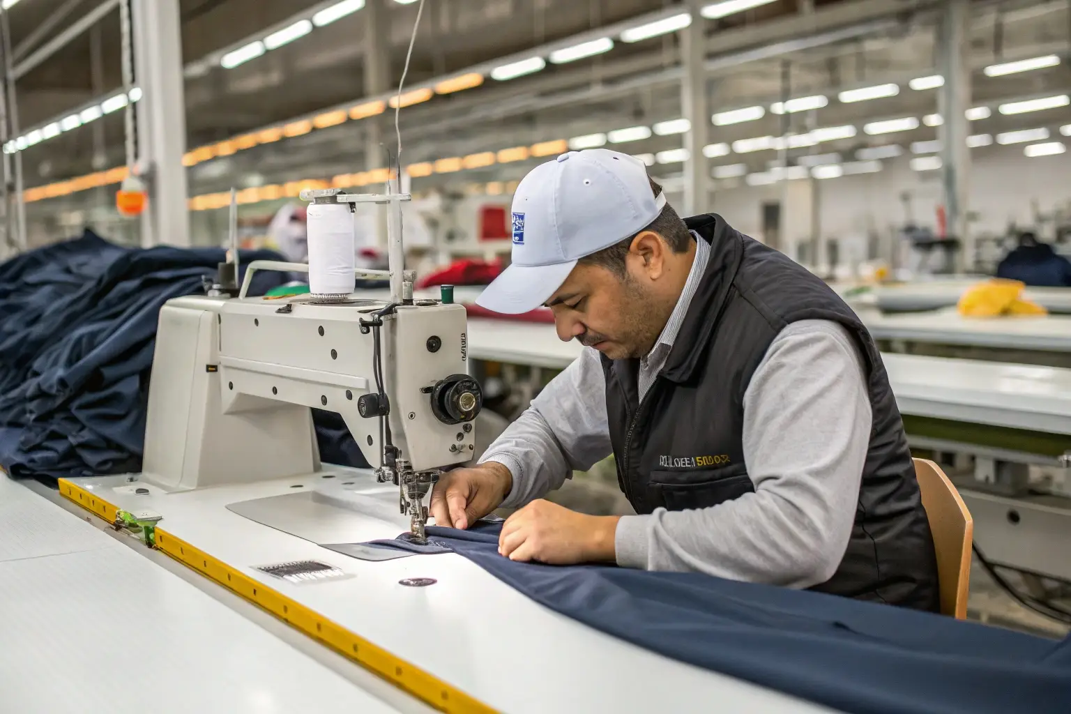 Skilled worker sewing fabric in large garment factory
