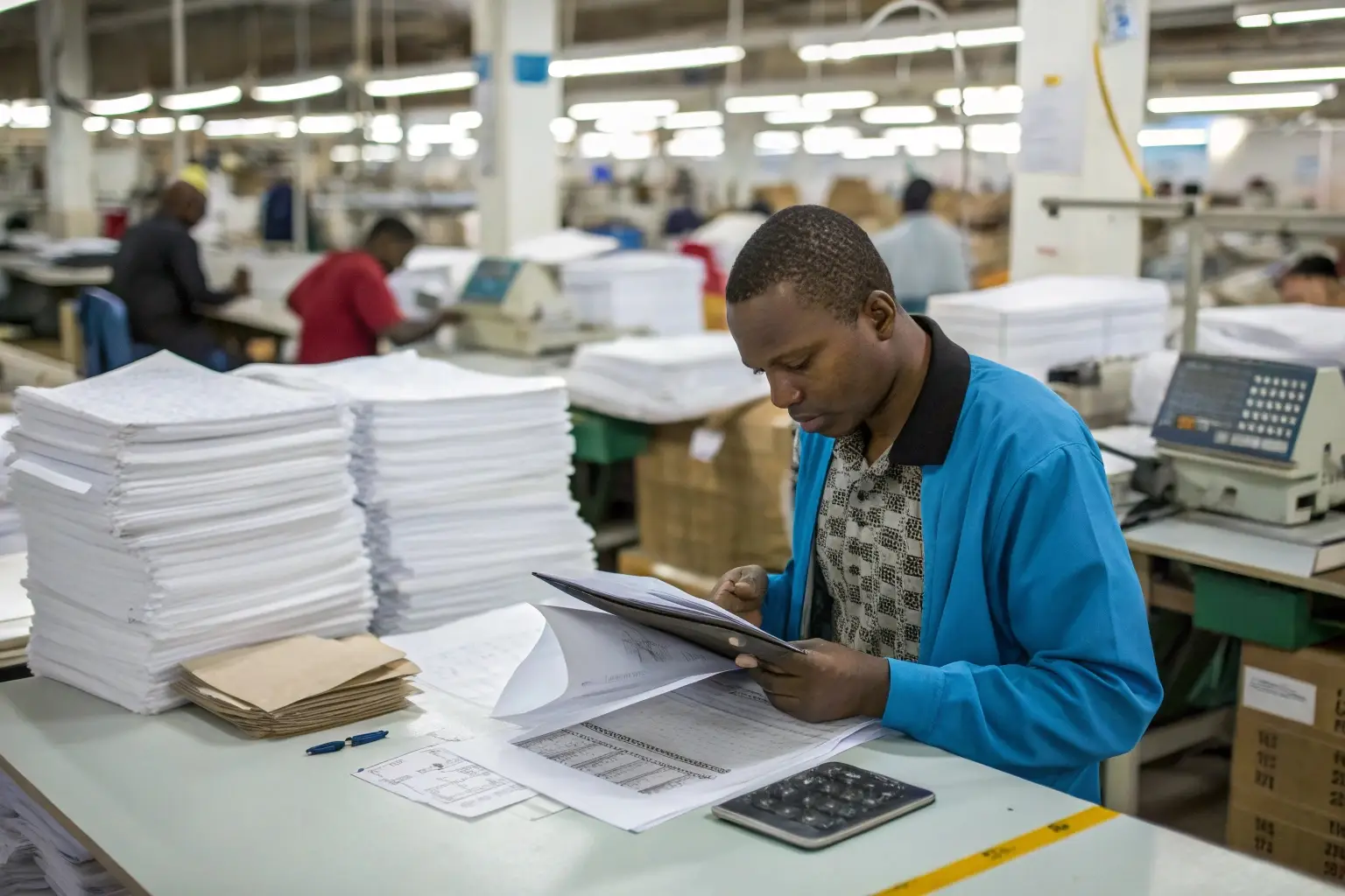 Factory worker reviewing documents in textile production facility