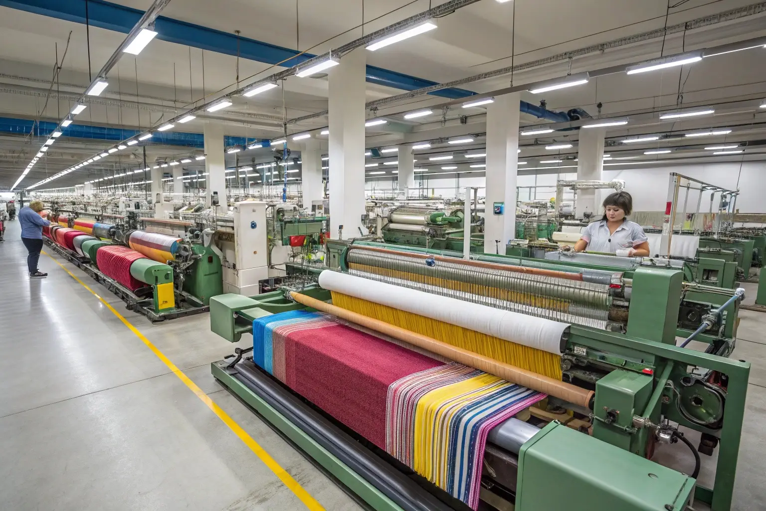 Textile factory with automated weaving machines producing colorful fabrics
