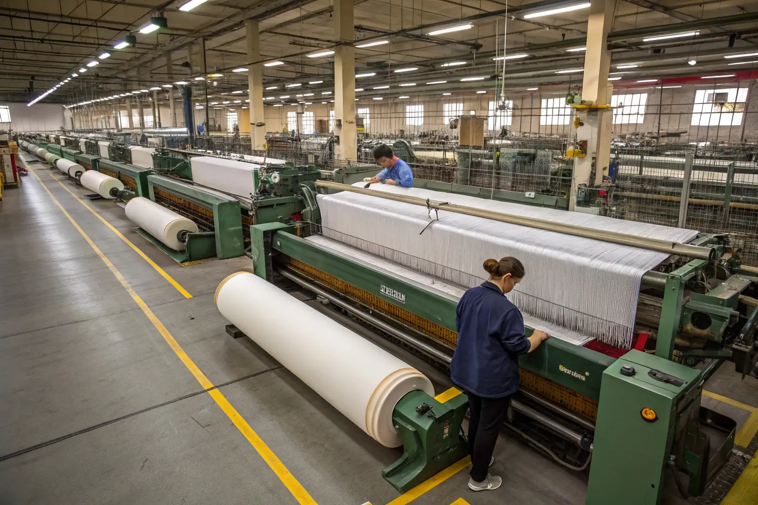 Large textile factory with weaving machines producing white fabric