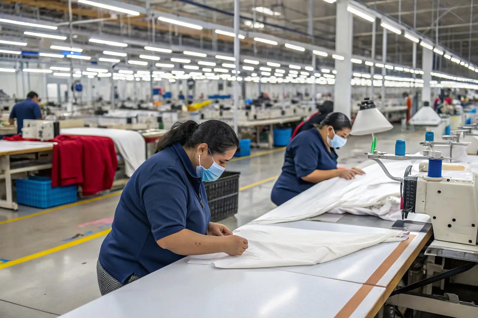 Workers inspecting and preparing fabric in garment factory