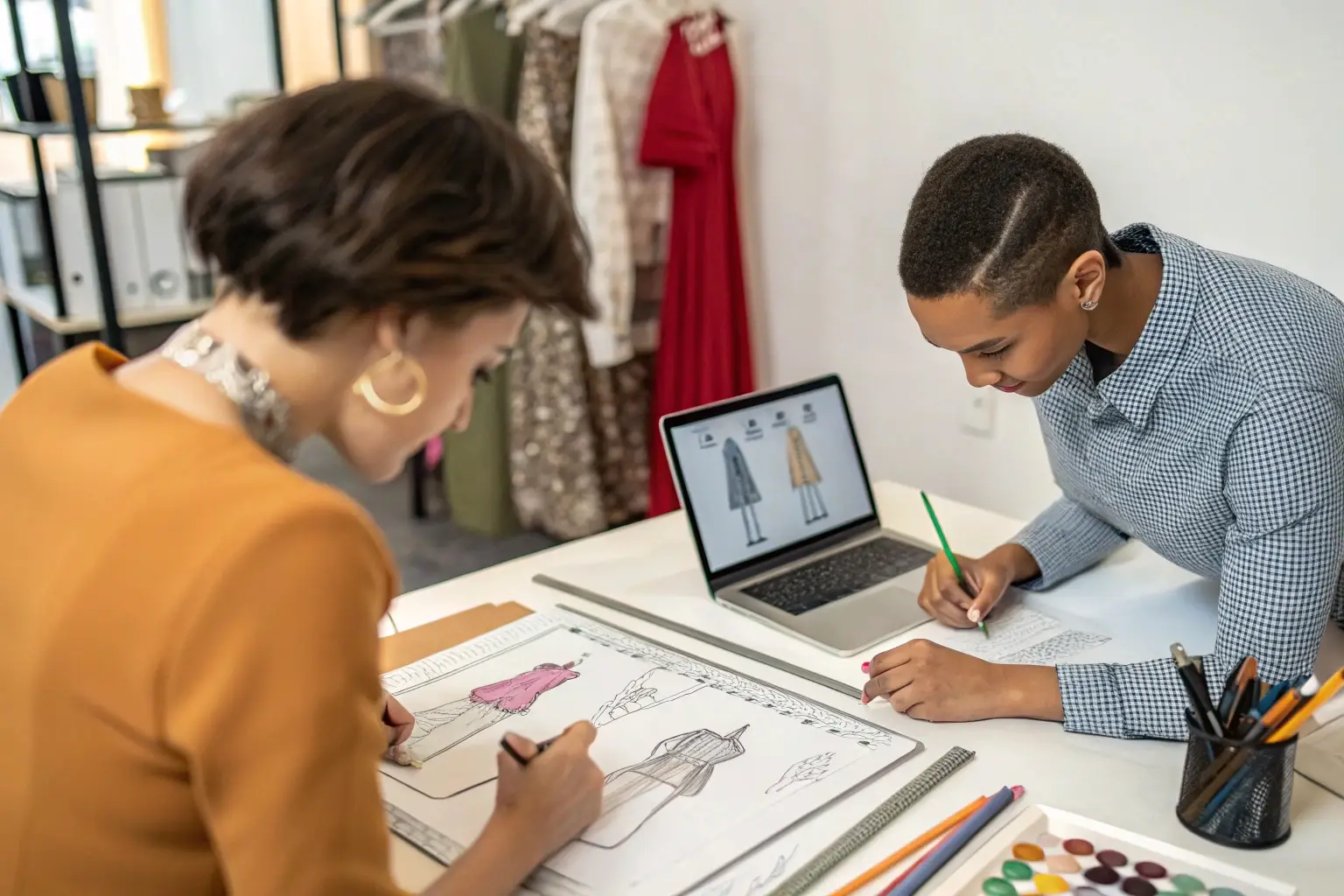 Fashion designers sketching clothing concepts in creative workspace