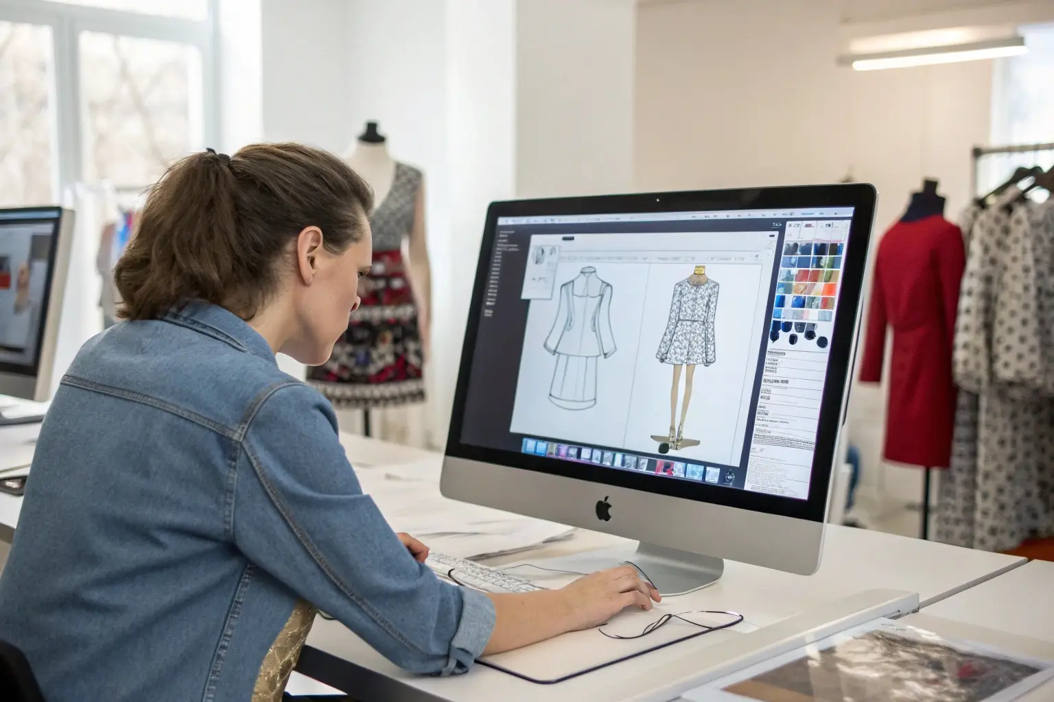 Fashion designer creating digital dress sketches on computer
