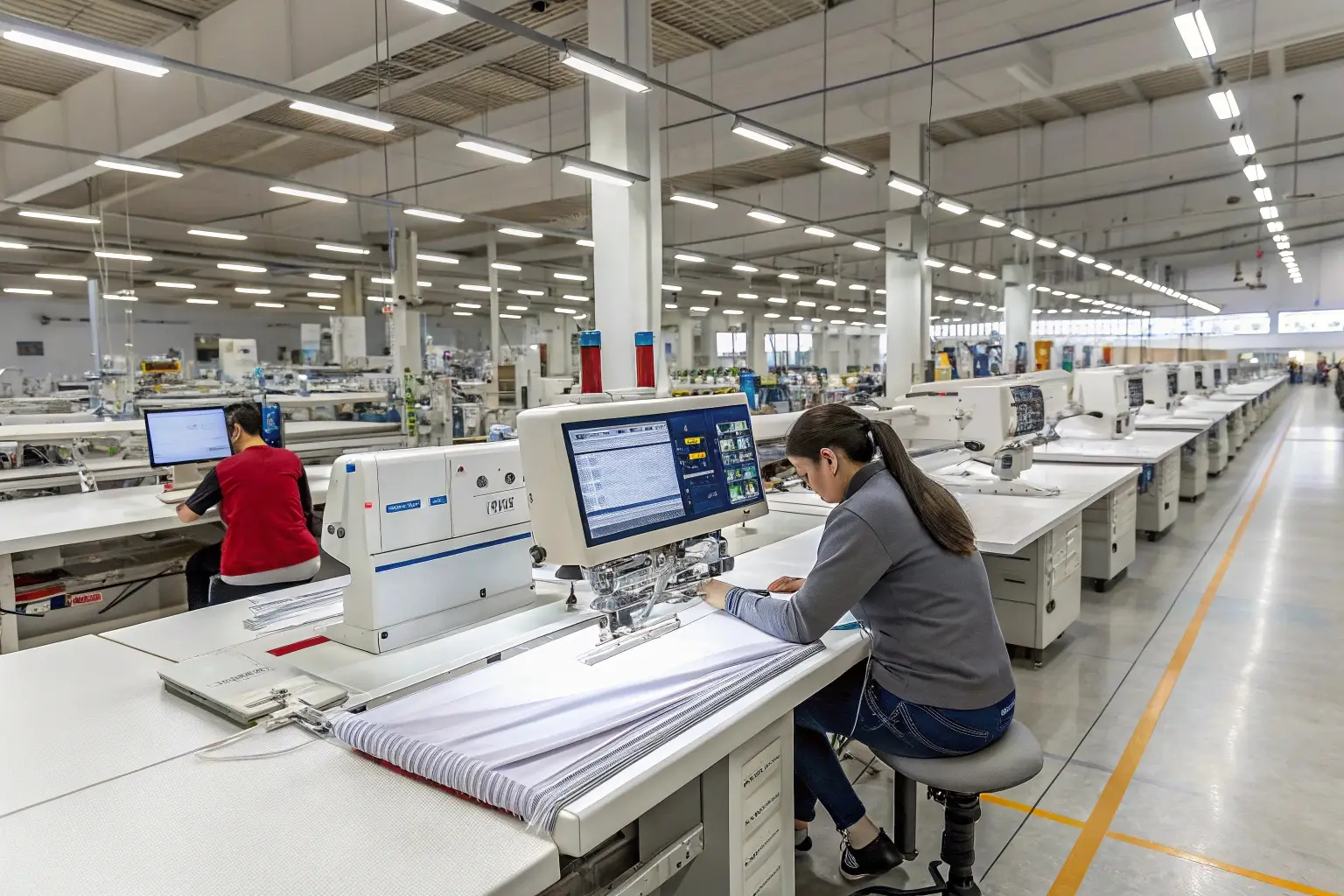 High-tech garment factory with automated sewing machines