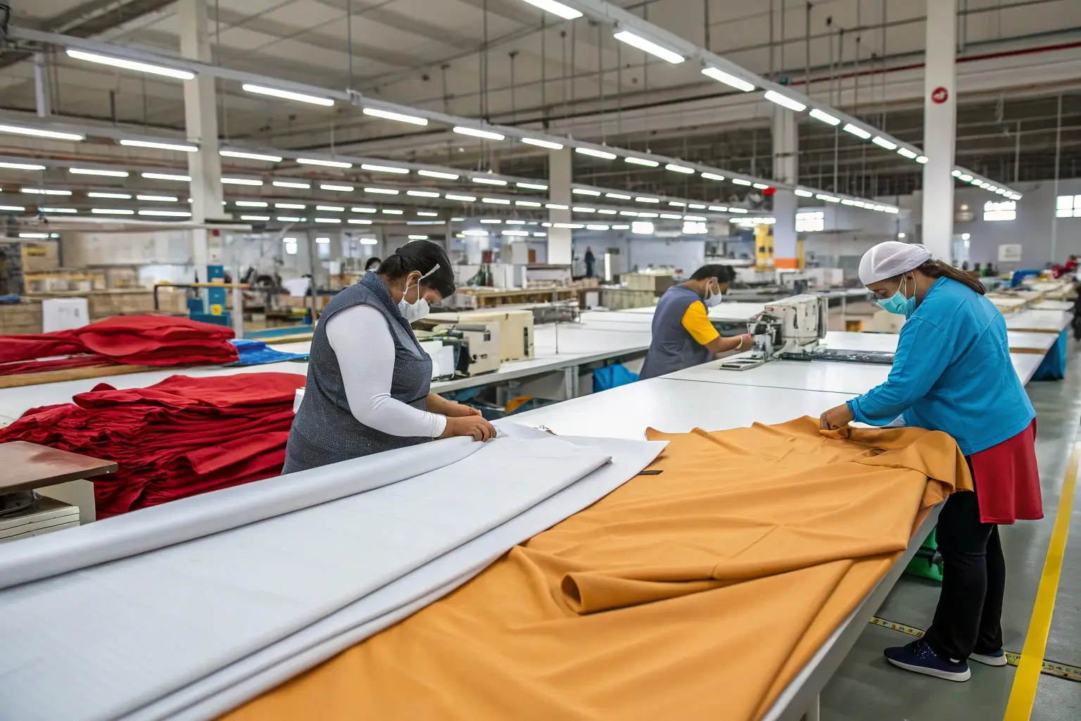 Workers inspecting and preparing fabric in garment factory