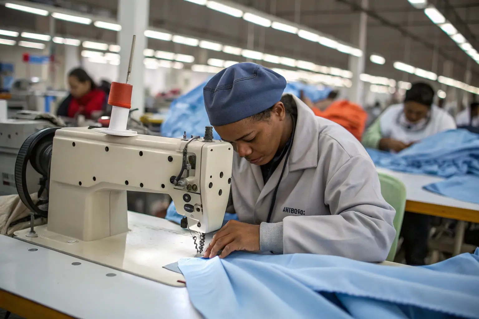 Skilled worker sewing fabric in garment production line