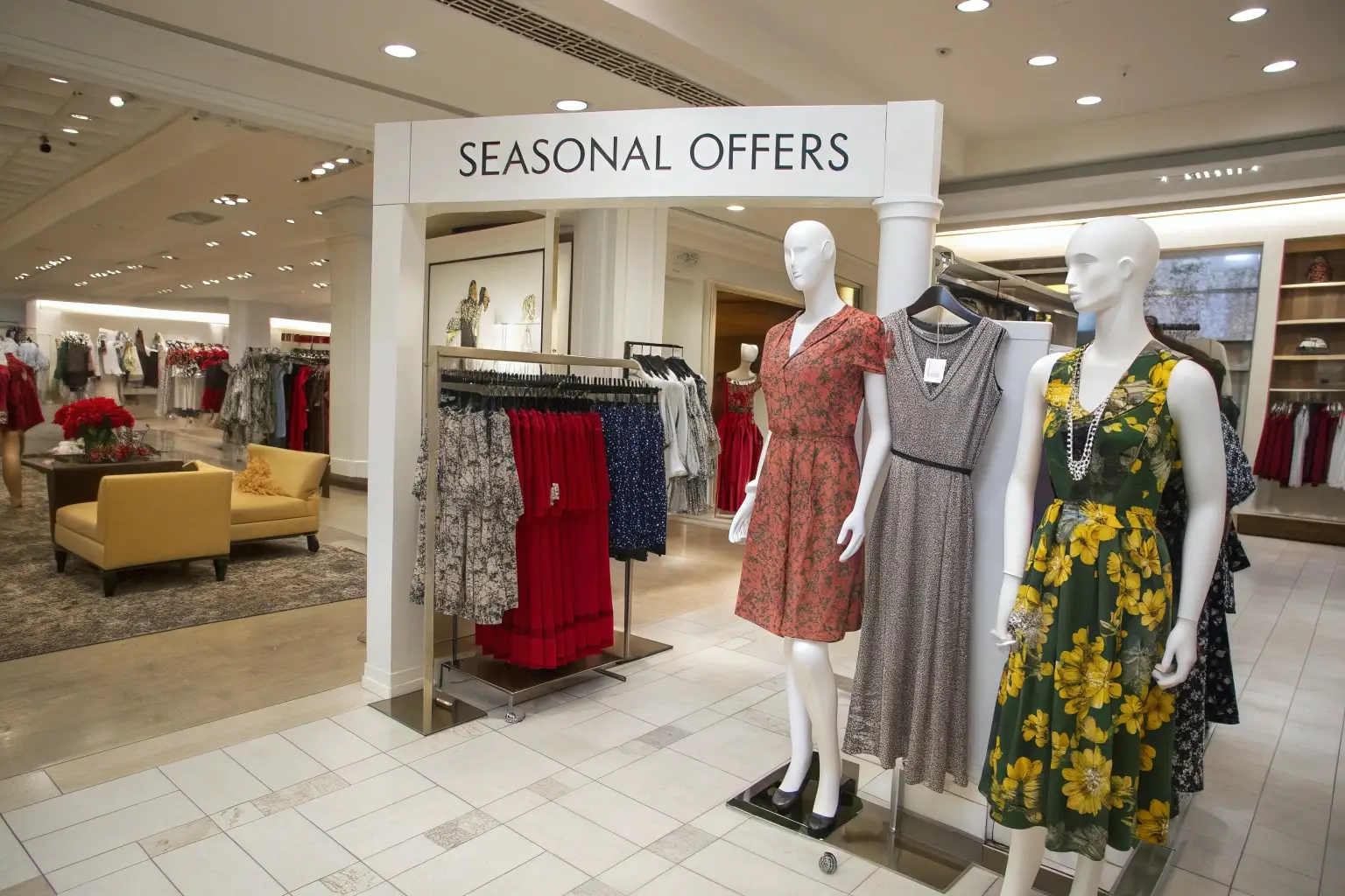 Seasonal fashion sale display in clothing boutique