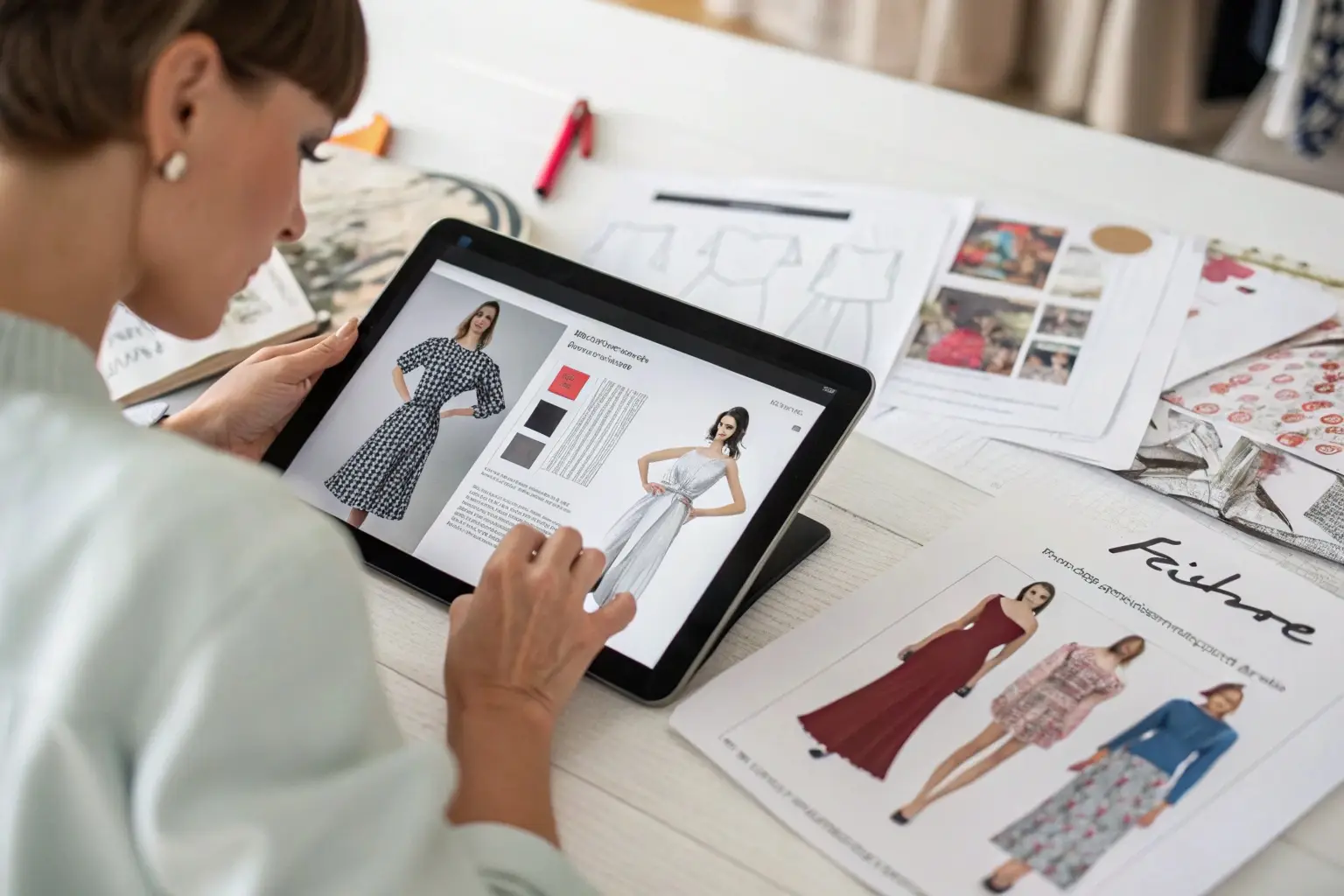 Fashion designer reviewing digital dress collection on tablet
