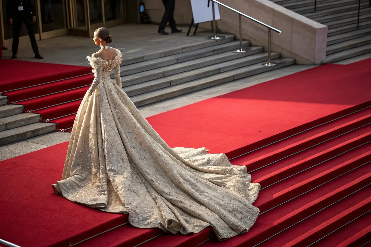 Elegant woman in luxurious gown on red carpet event