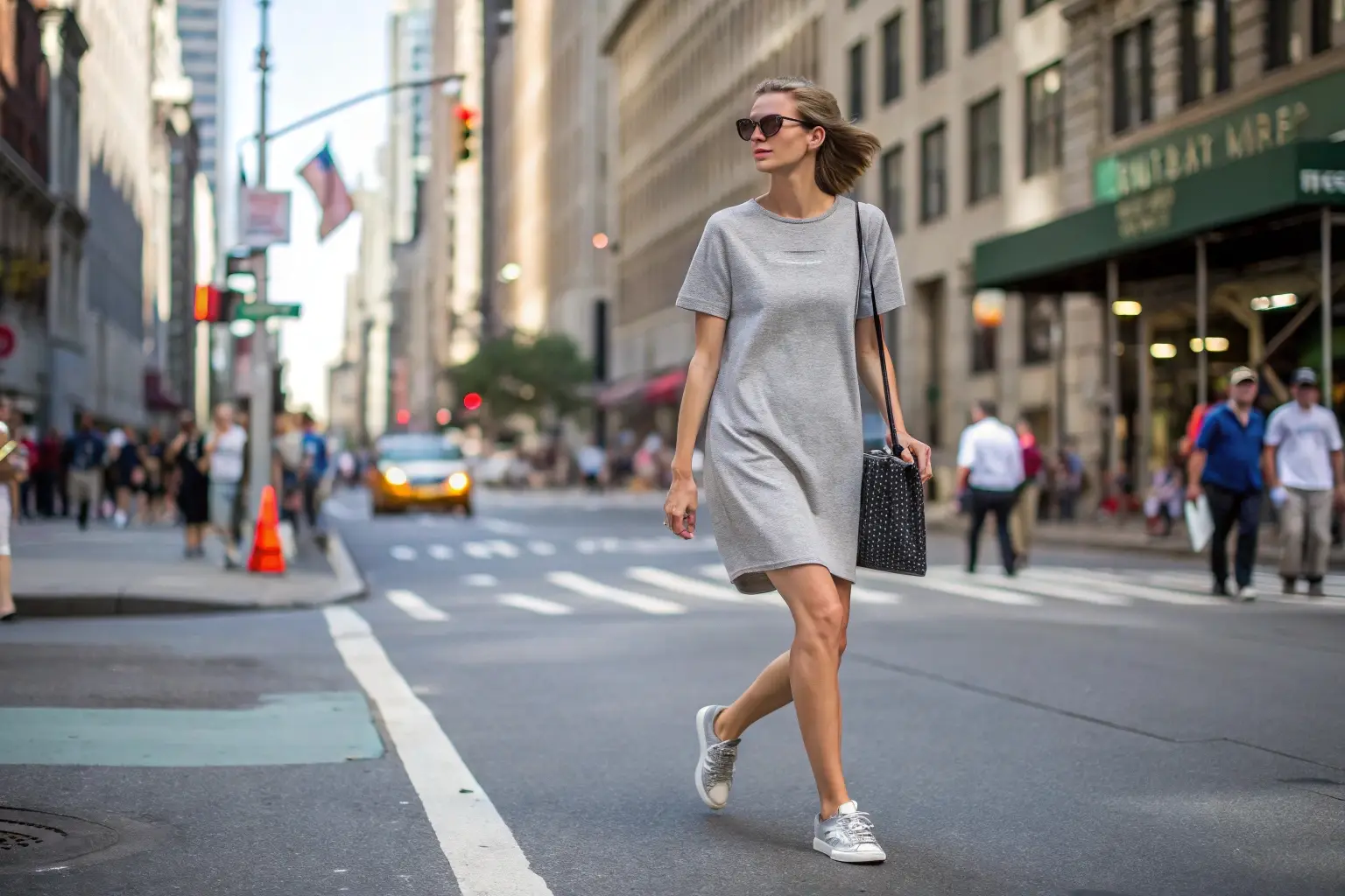 Stylish woman in casual grey dress walking in city