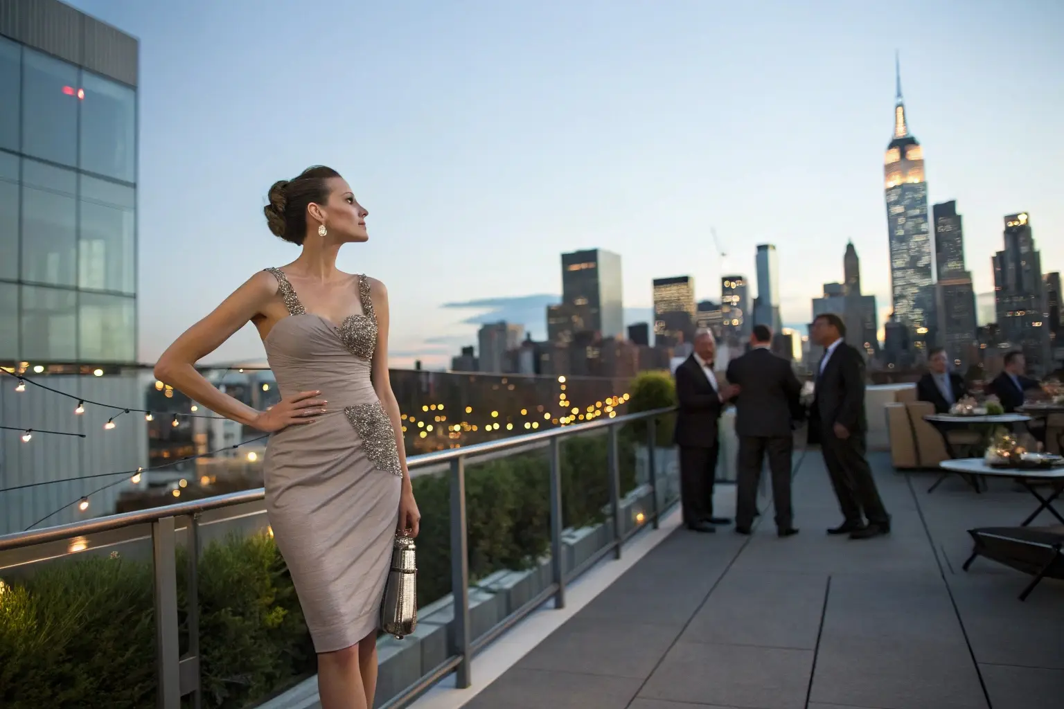 Elegant woman in evening dress at rooftop event