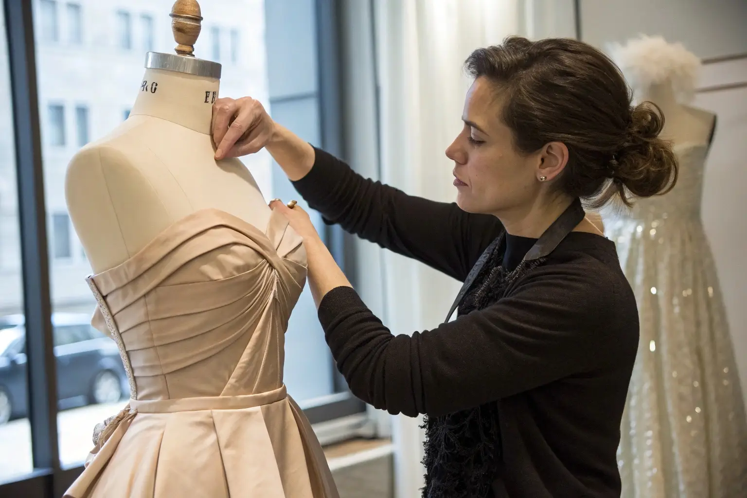 Fashion designer adjusting elegant gown on mannequin