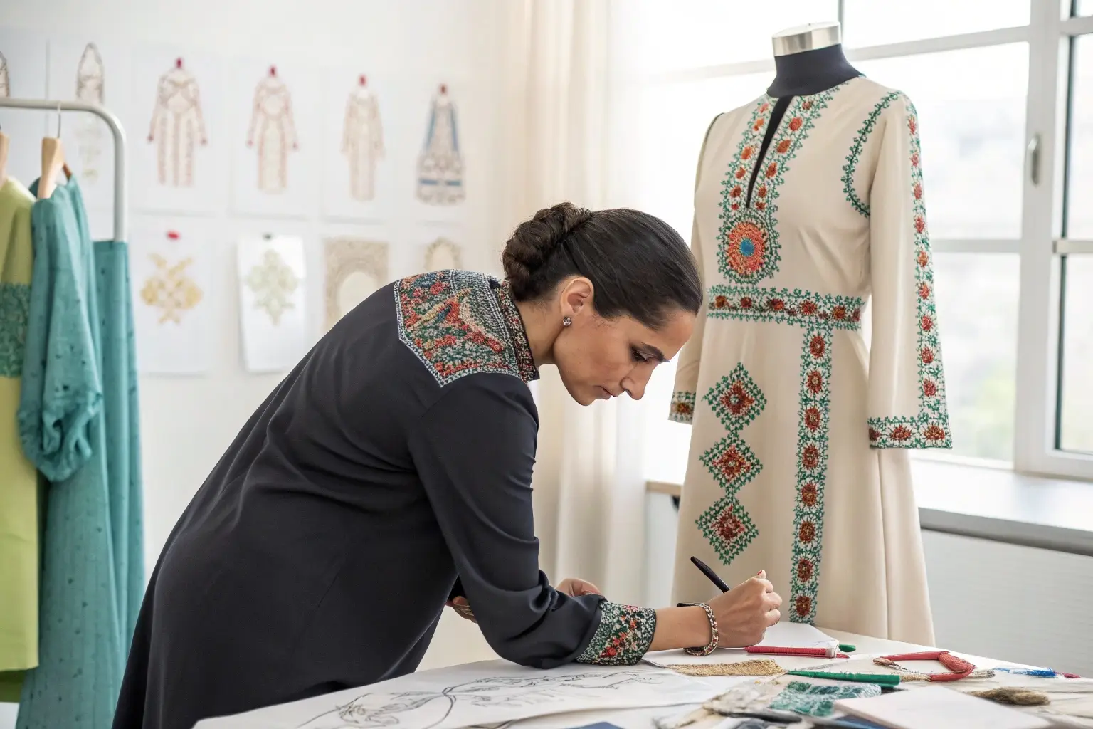 Fashion designer sketching traditional embroidered dress