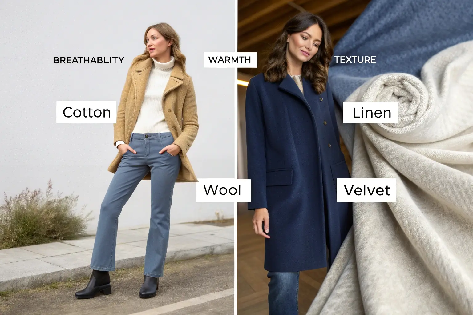 Comparison of cotton, wool, linen, and velvet fabrics for fashion