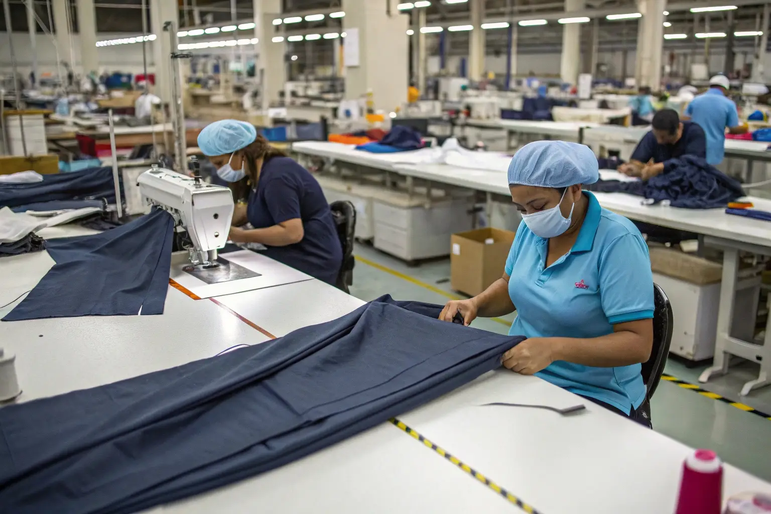 Garment factory workers sewing and inspecting fabric