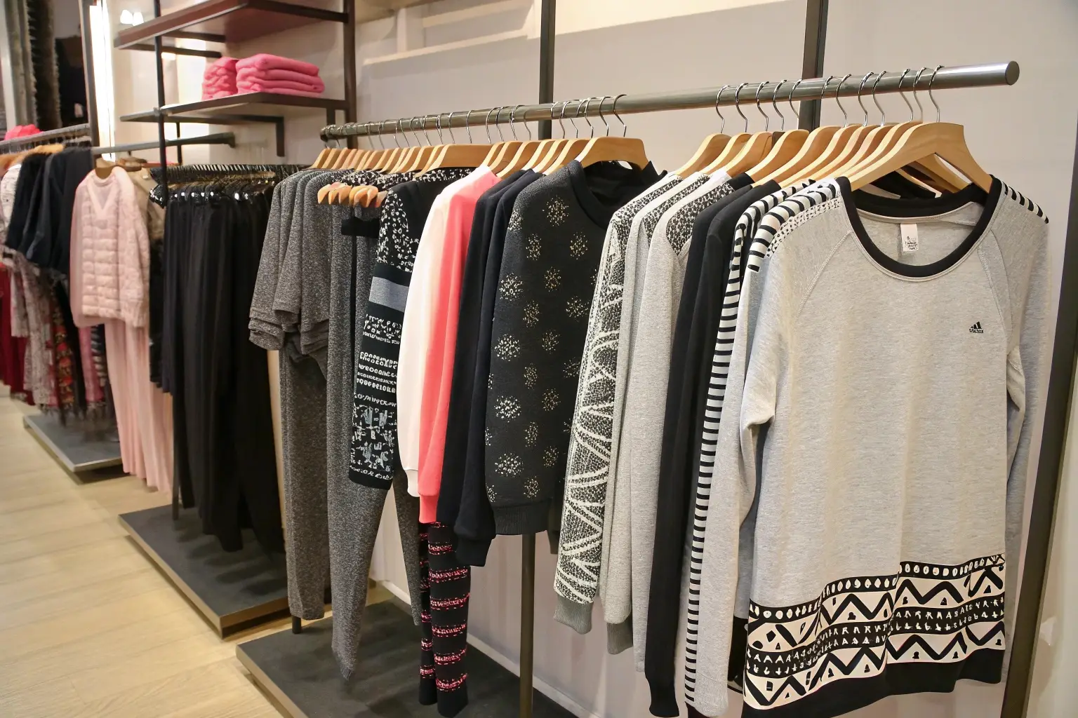 Fashion retail display with stylish sweatshirts and loungewear