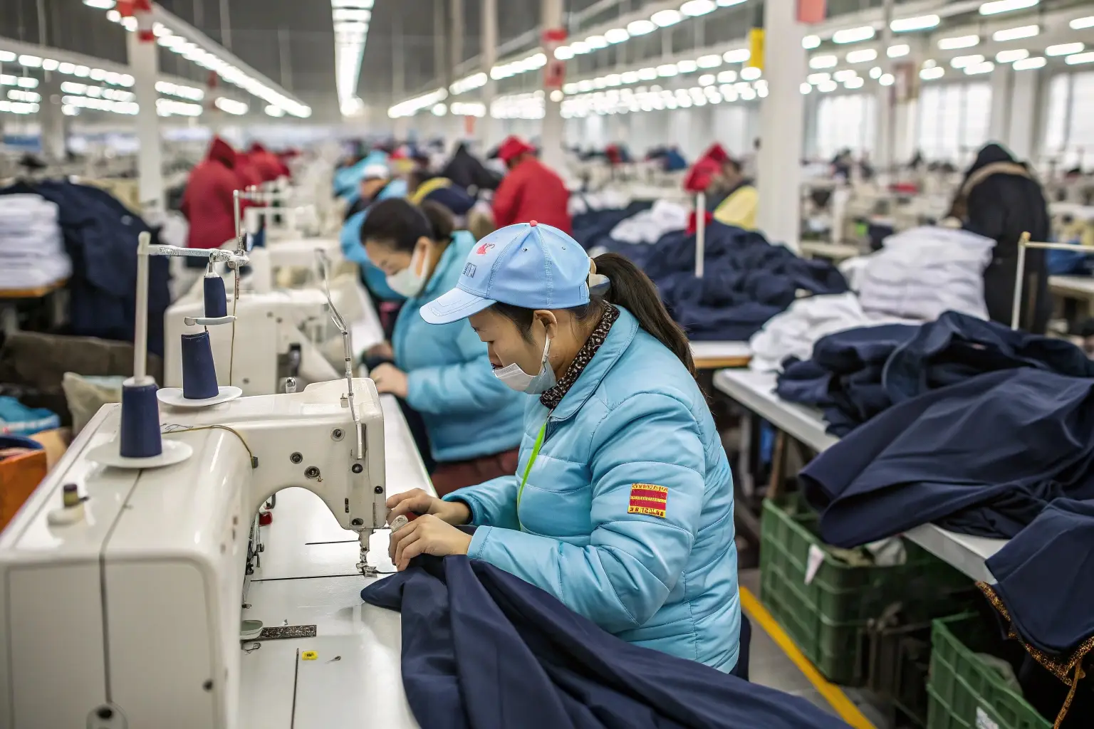 Garment factory workers sewing clothing in a large production facility