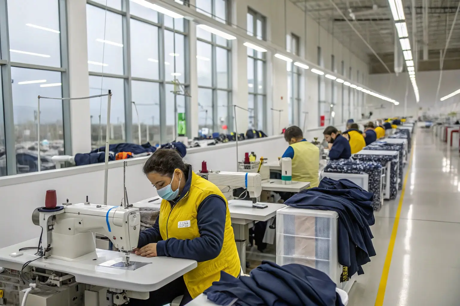 Workers sewing garments in a modern clothing factory