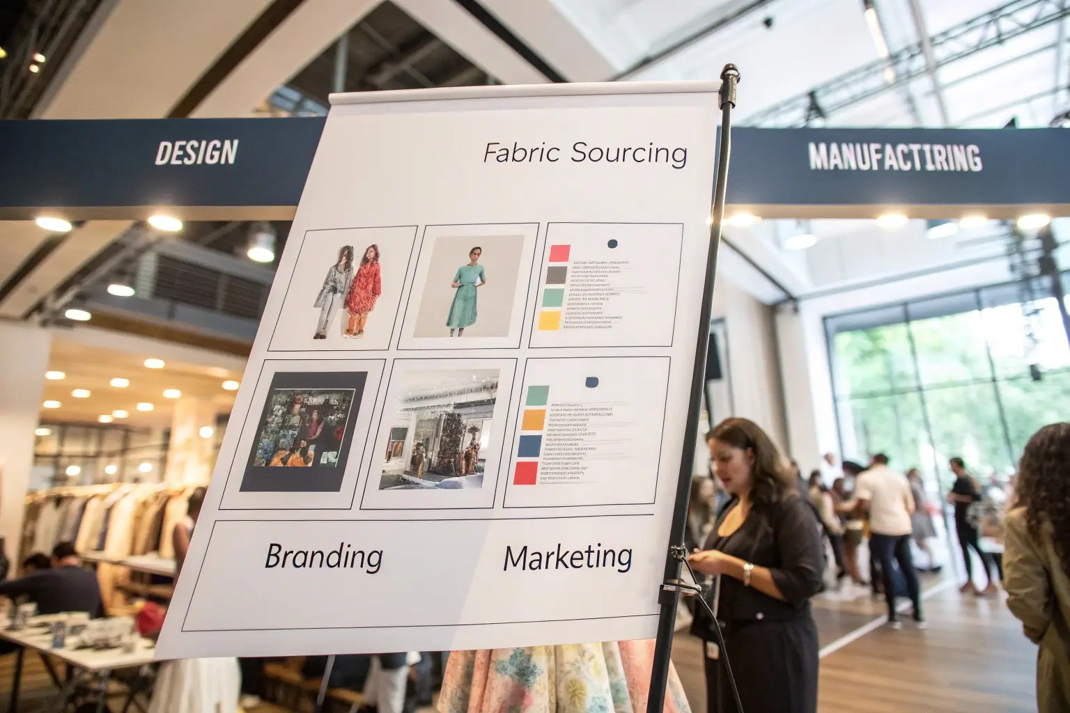 Fashion sourcing event, fabric selection and branding discussion