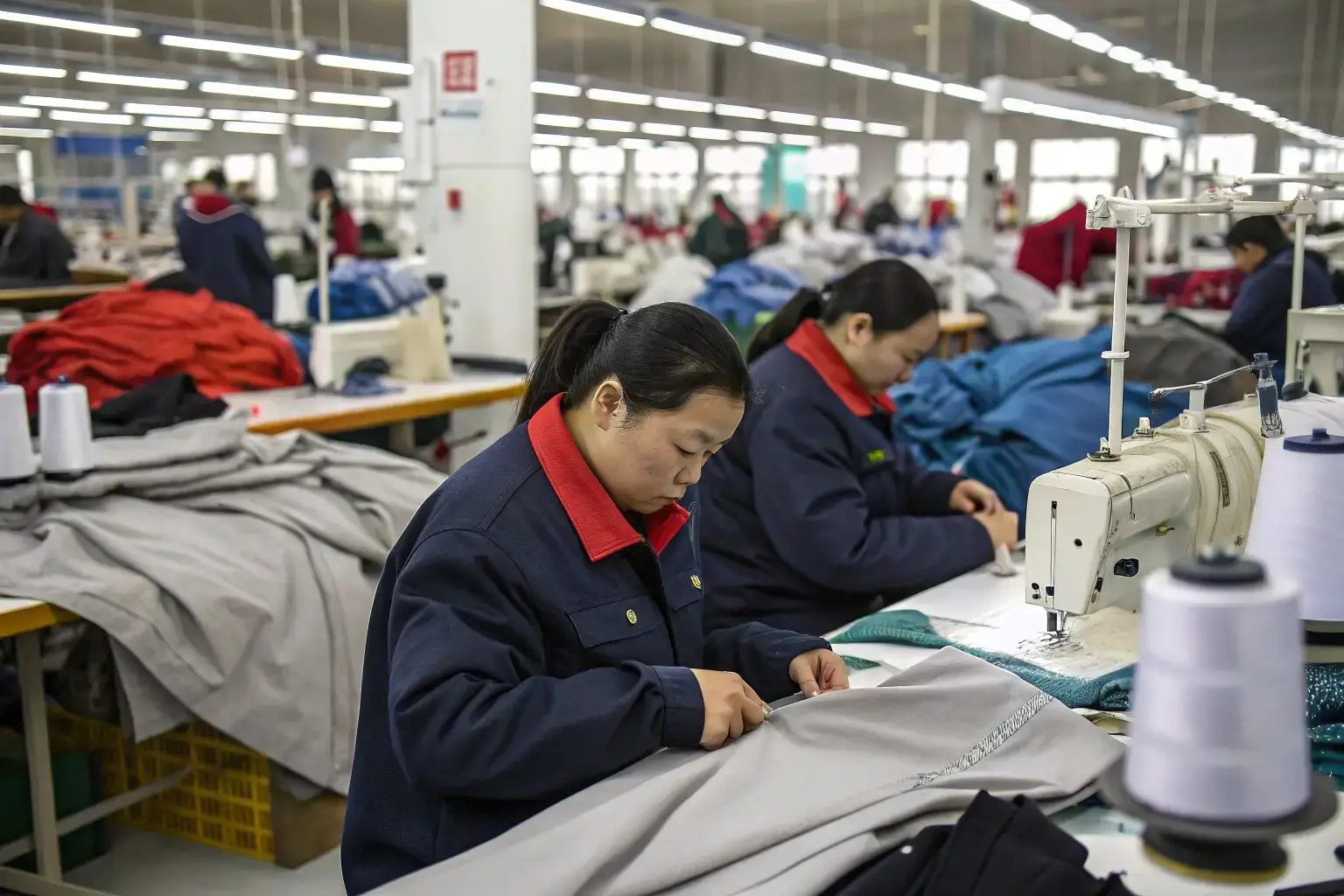 Skilled garment workers sewing fabric in clothing factory