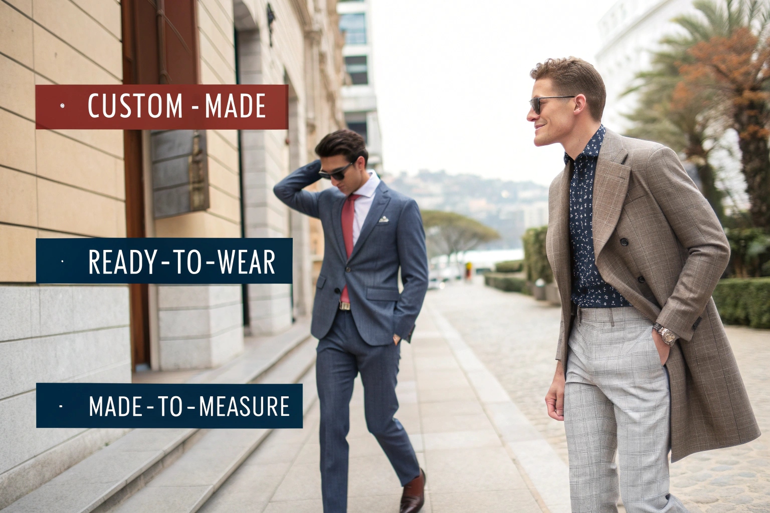 Men wearing stylish suits, showcasing different tailoring styles