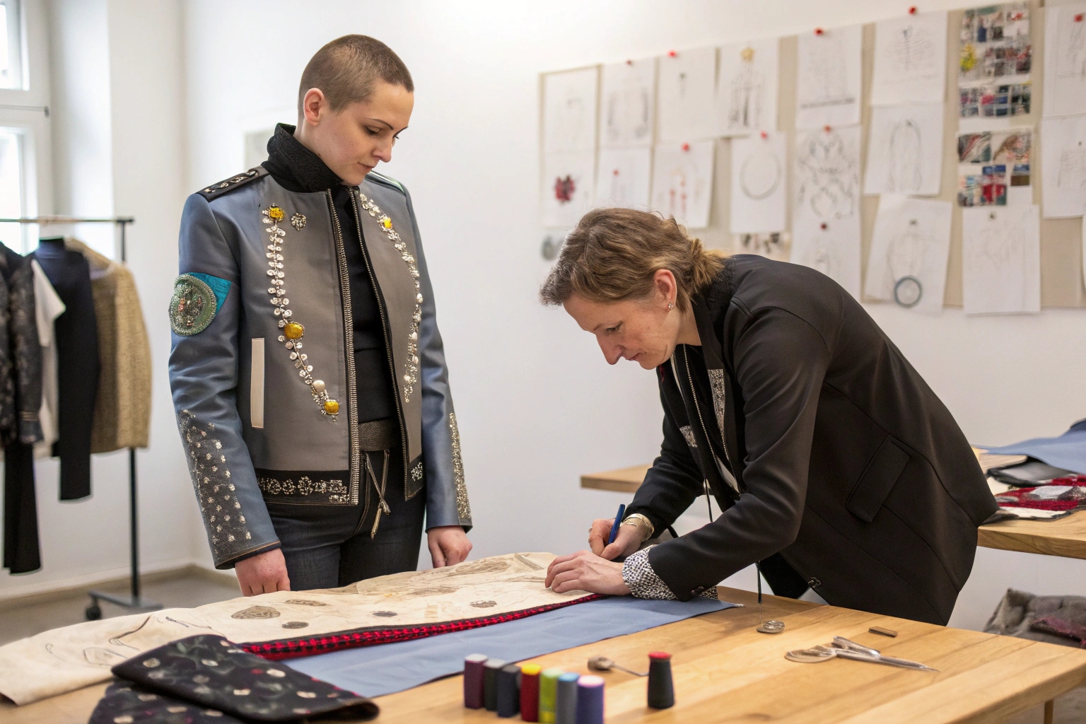 Fashion designer creating a custom embroidered jacket in studio