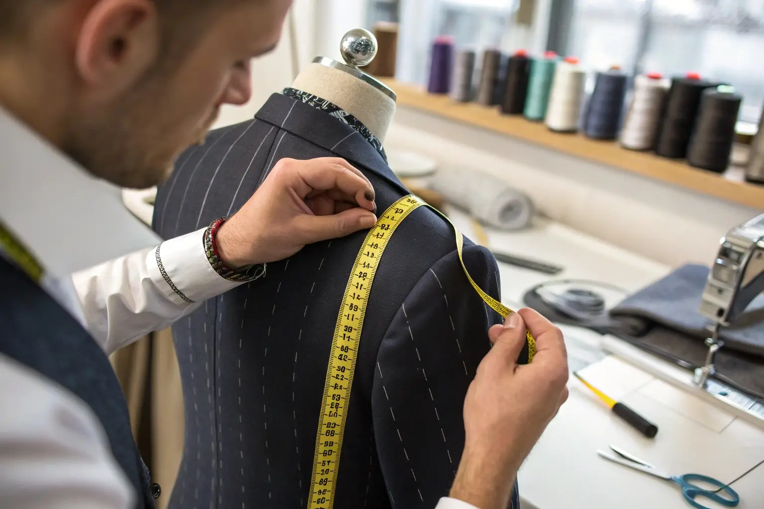 Tailor measuring a suit on a mannequin in a professional workshop