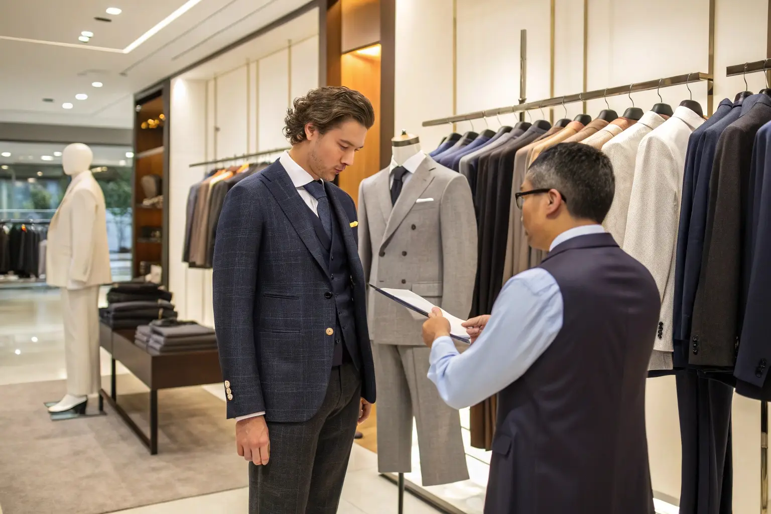 Luxury suit fitting in a high-end boutique with professional stylist