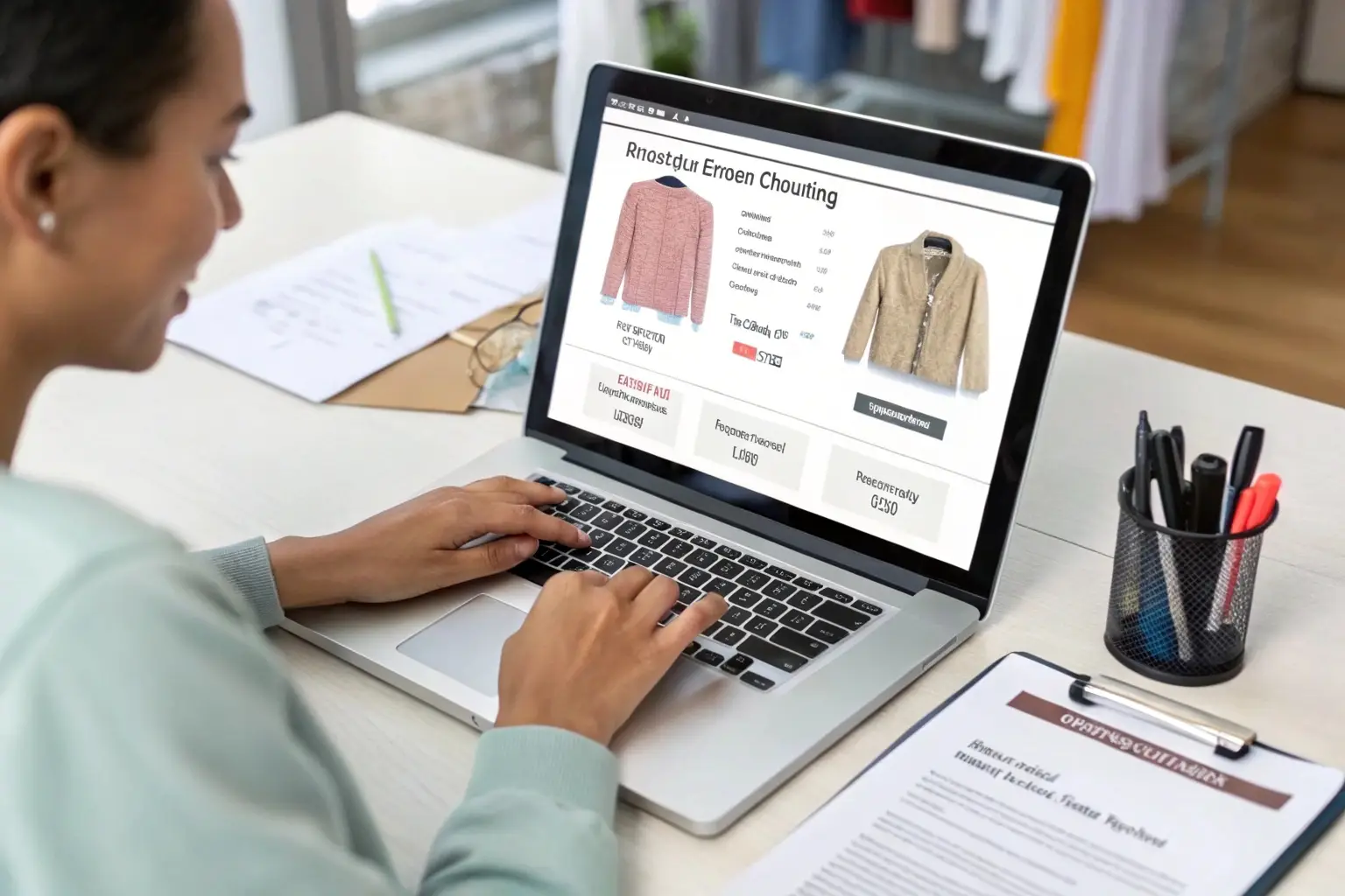 Woman shopping for custom clothing online using a laptop