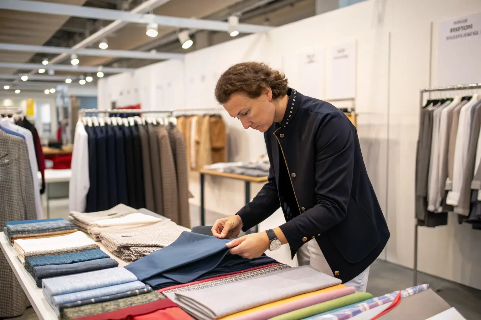 Fashion designer selecting high-quality fabrics for custom tailoring