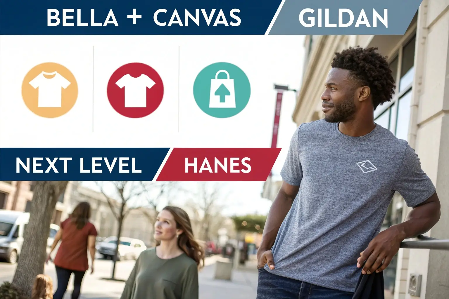 Man wearing a stylish t-shirt, showcasing different apparel brands