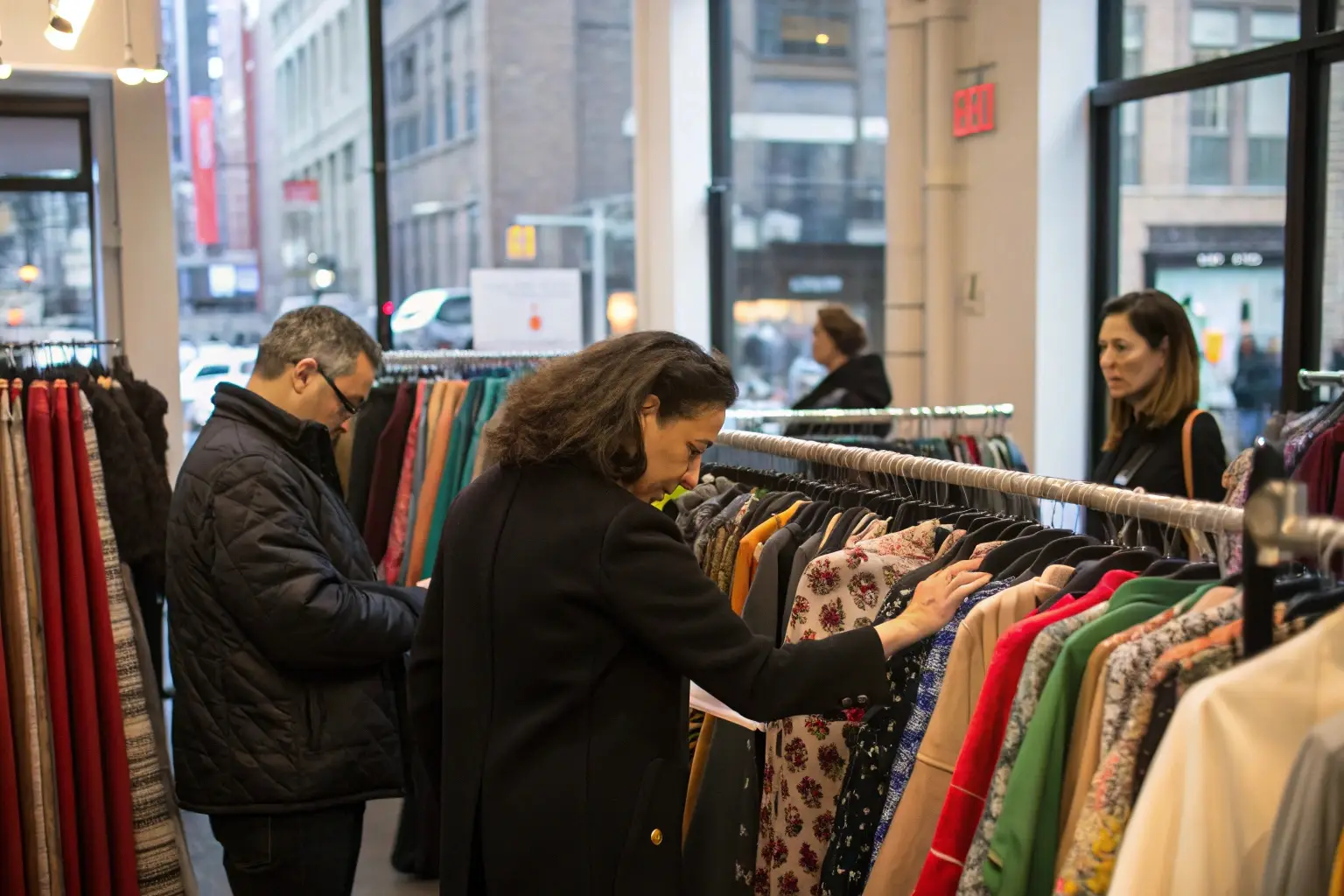 Shoppers browsing elegant clothing racks in a boutique store