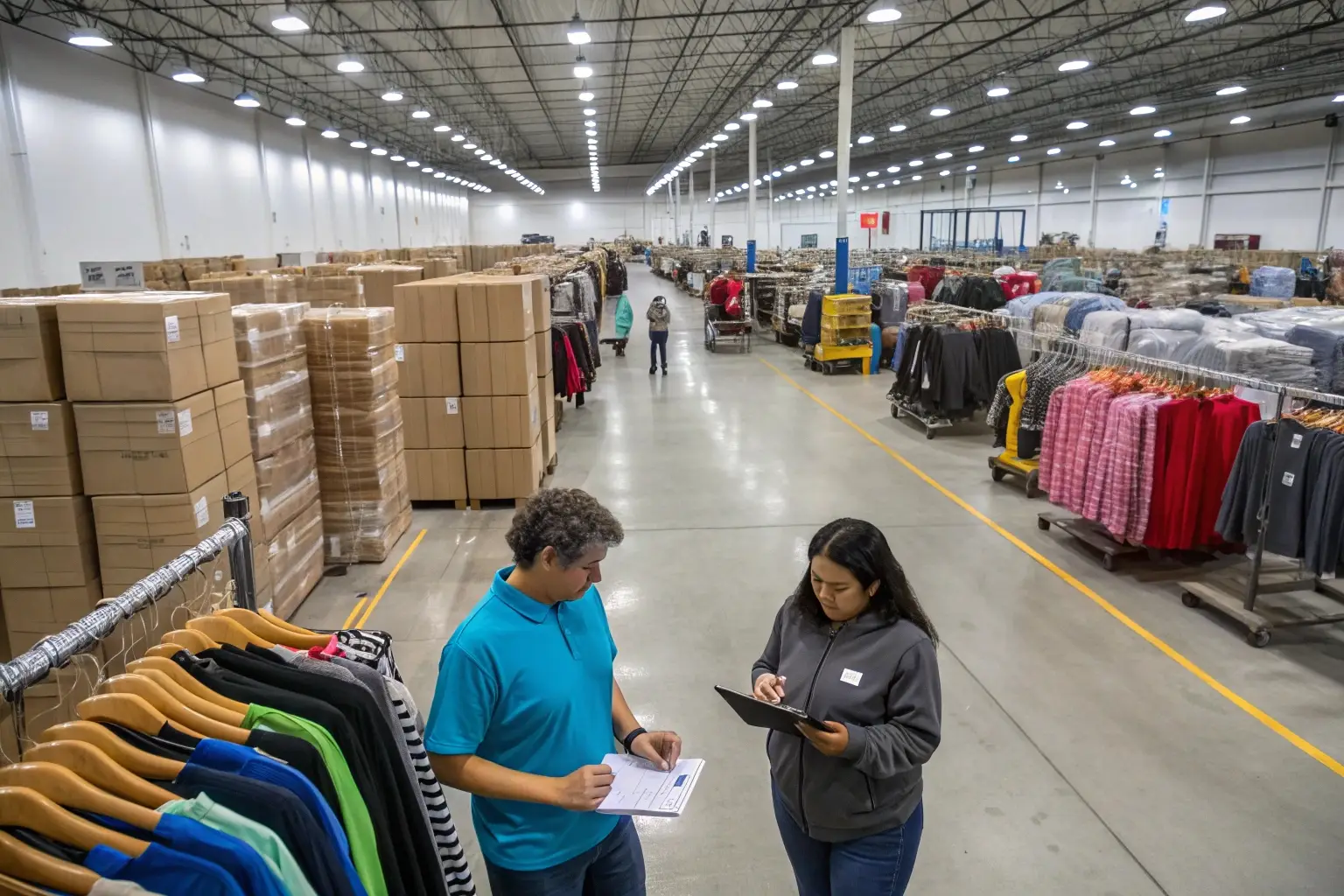 Large clothing warehouse with inventory and workers managing stock