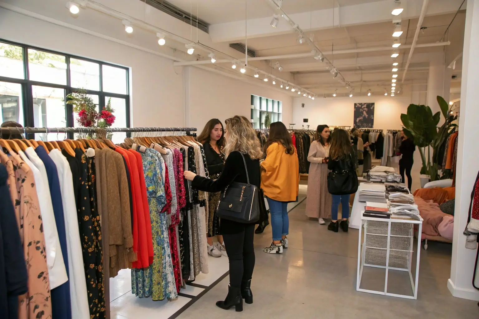 Women shopping for elegant dresses in a stylish boutique