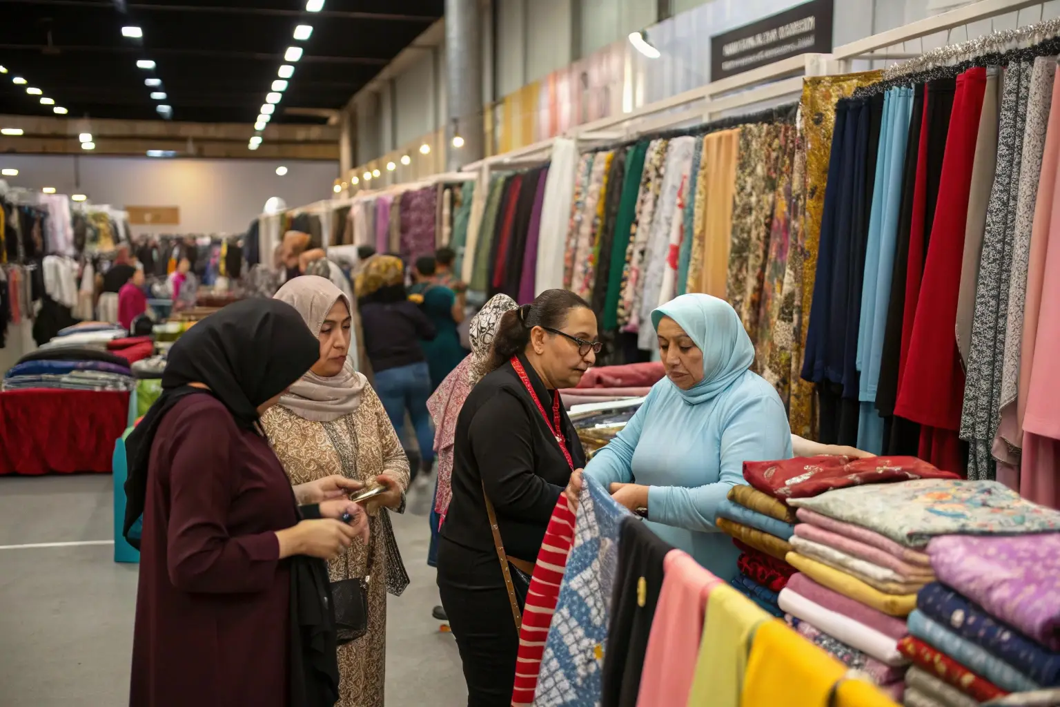 Women selecting colorful fabrics at a bustling textile market