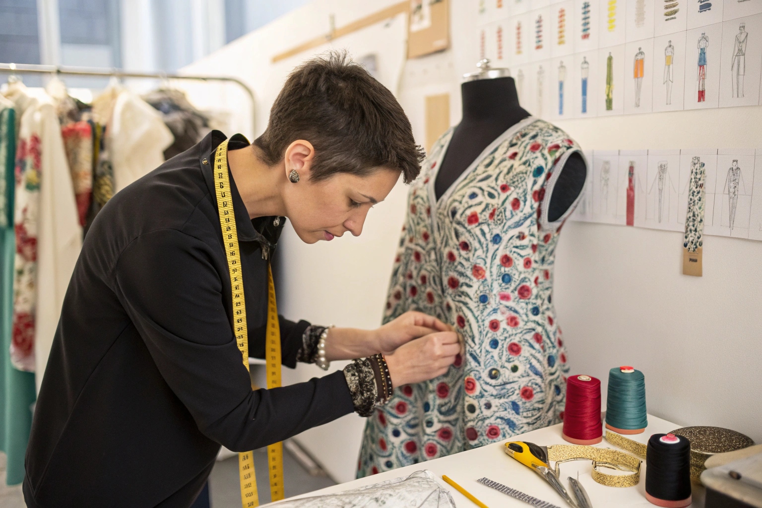 Fashion designer crafting an intricate embroidered dress on a mannequin