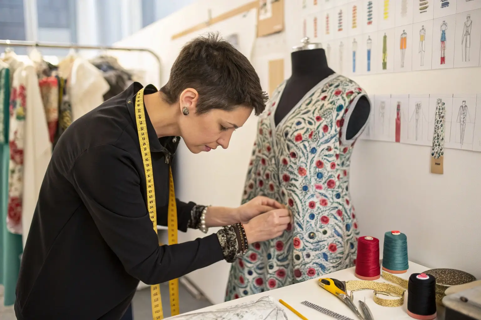 Fashion designer crafting an intricate embroidered dress on a mannequin