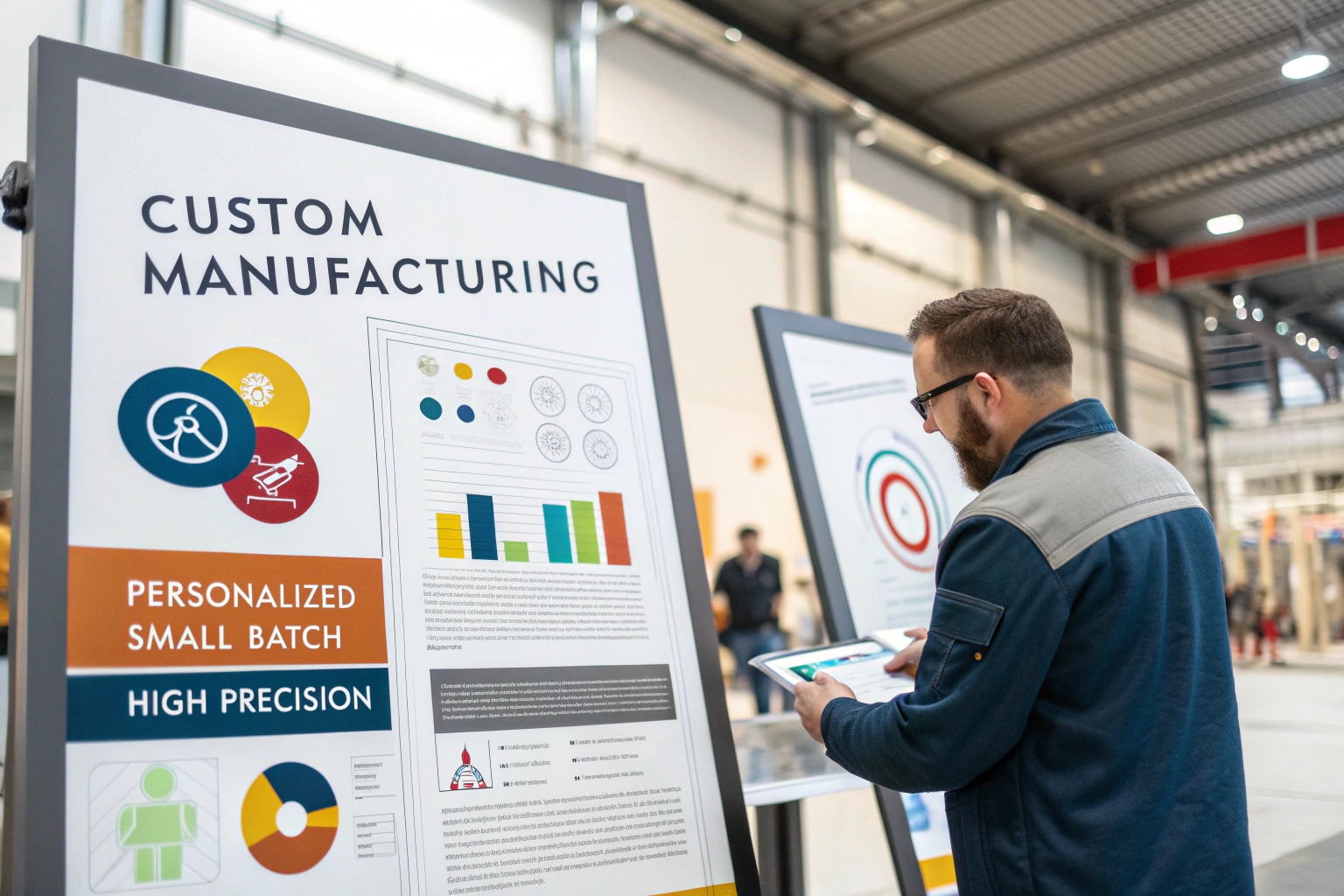 Professional reviewing custom manufacturing data on a digital display