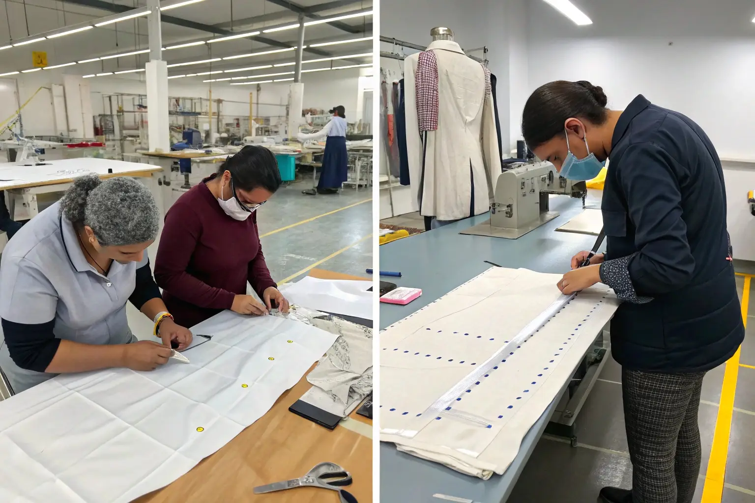 Garment workers precisely measuring and cutting fabric in a clothing factory
