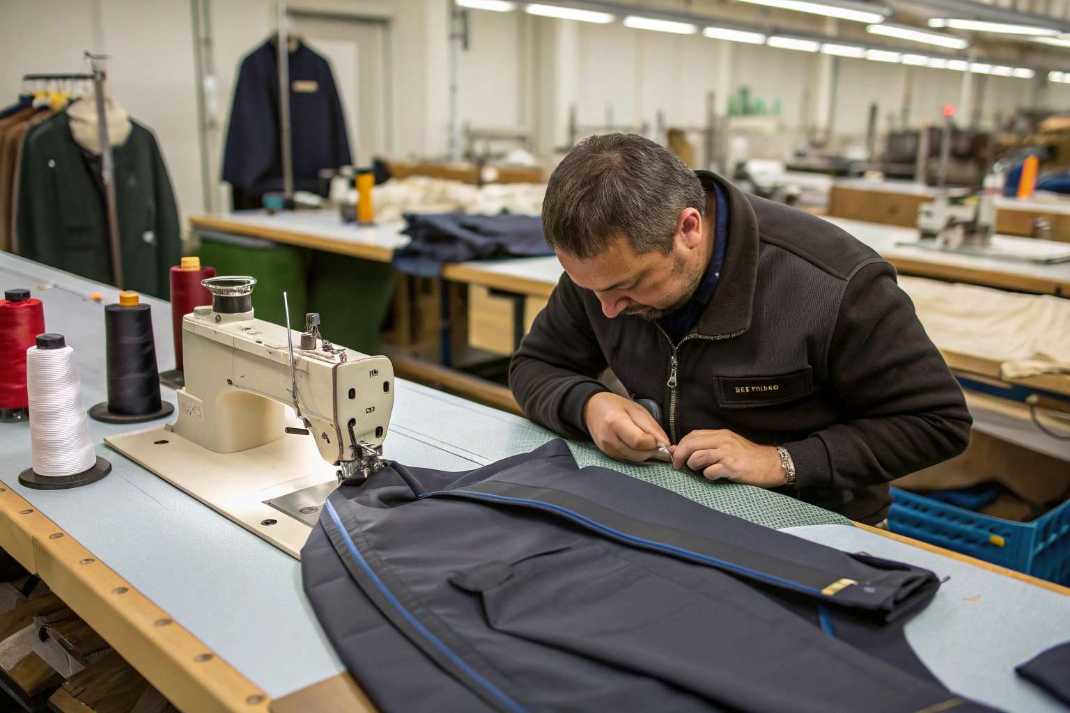 Skilled tailor stitching a custom suit in a professional workshop