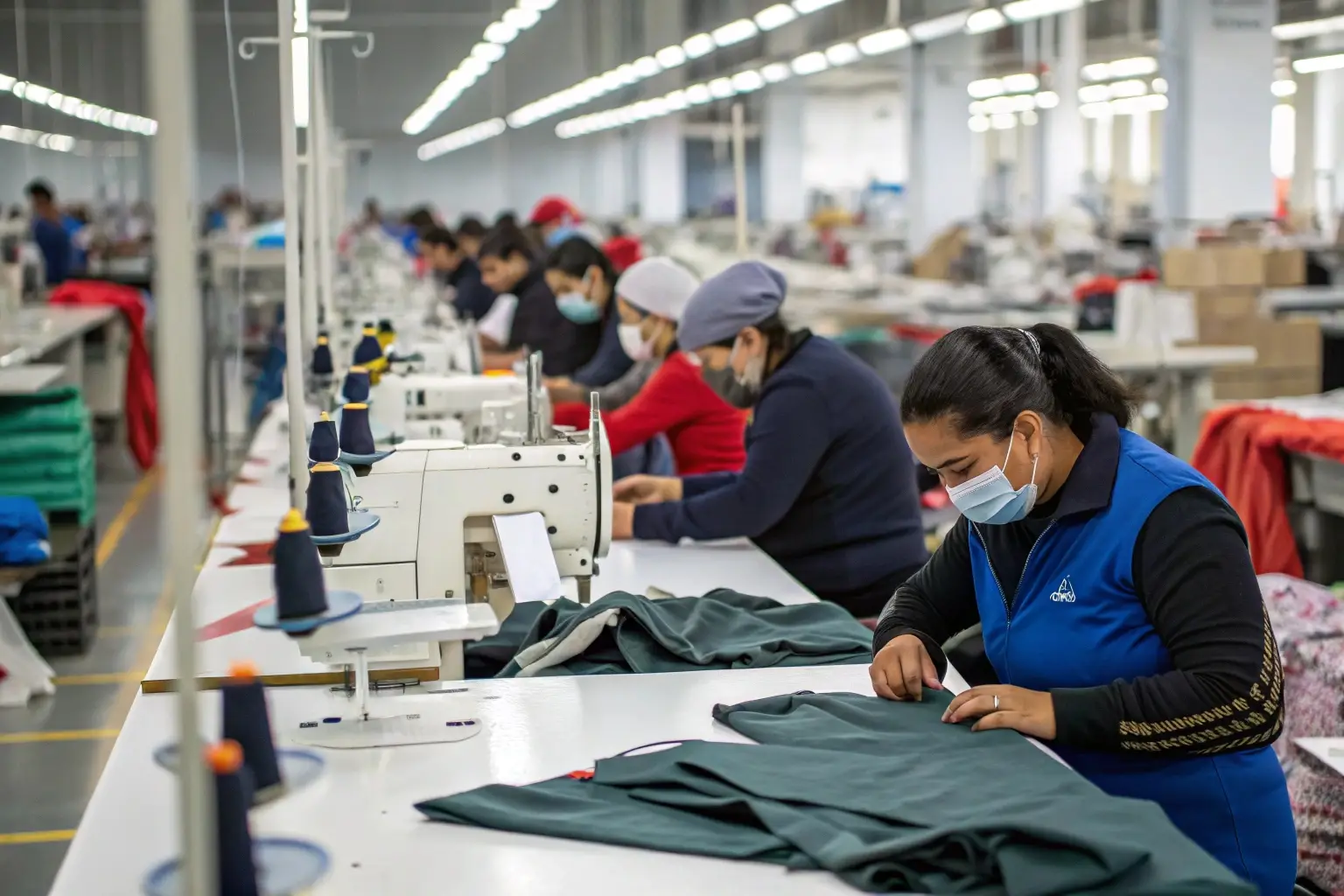 Clothing factory workers sewing garments, production line