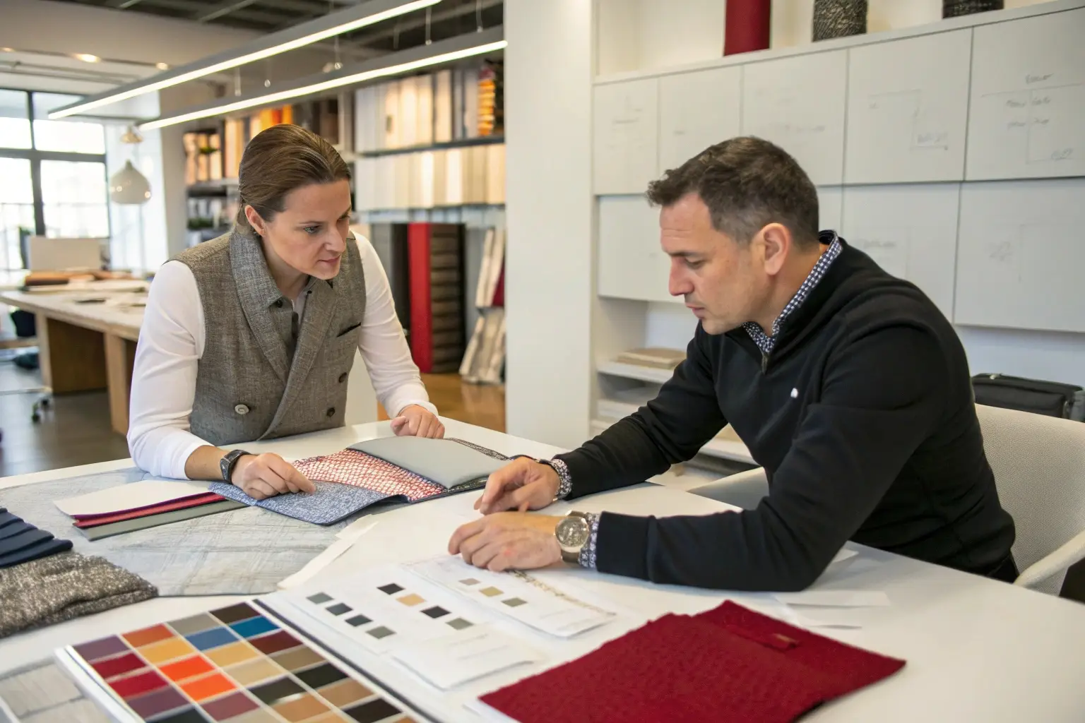Fashion designers selecting fabric samples for clothing production