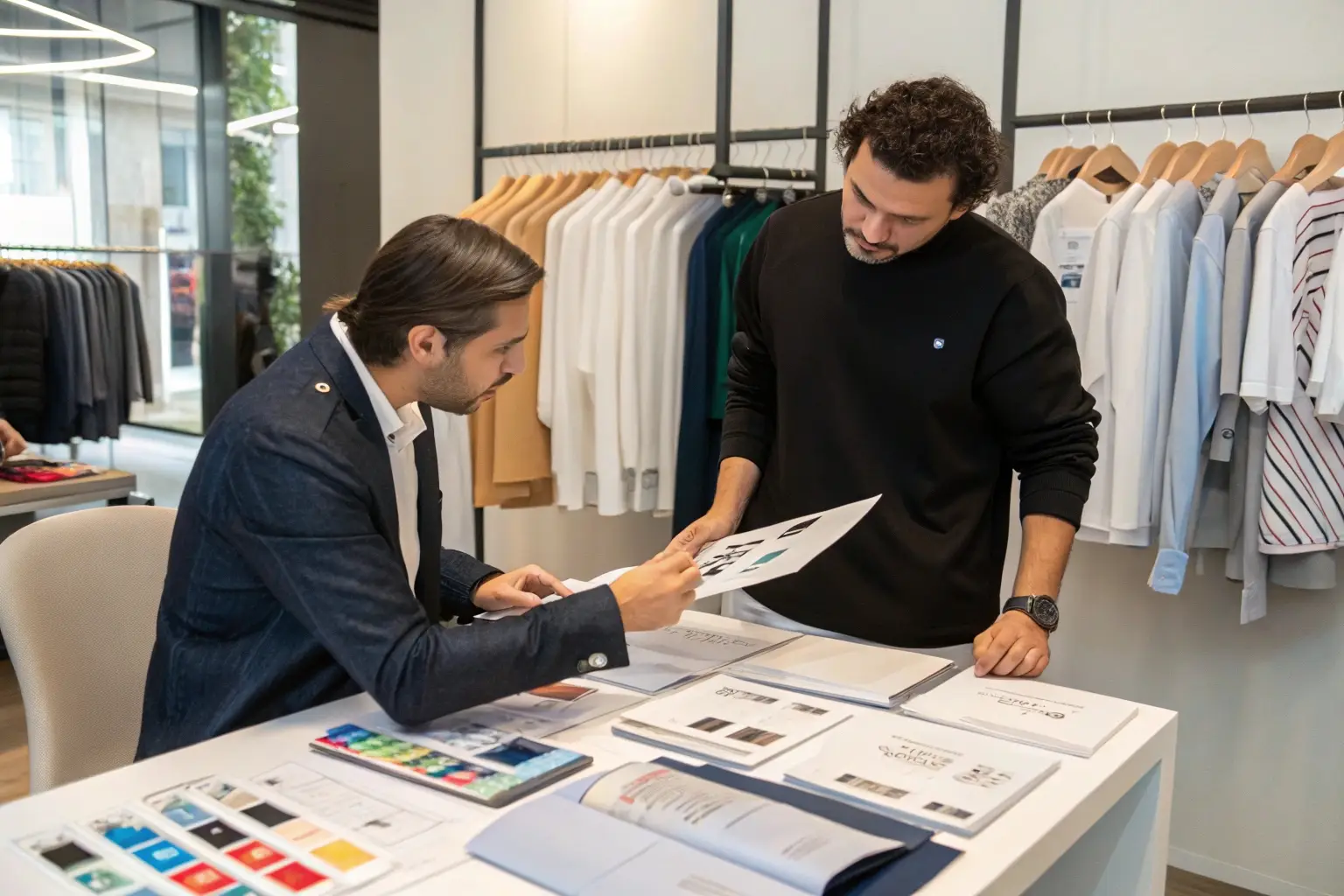 Fashion buyers discussing clothing designs in showroom