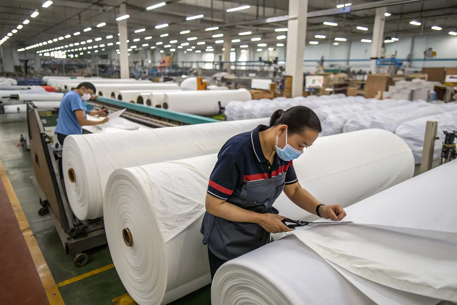 Workers inspecting and cutting fabric rolls in textile factory