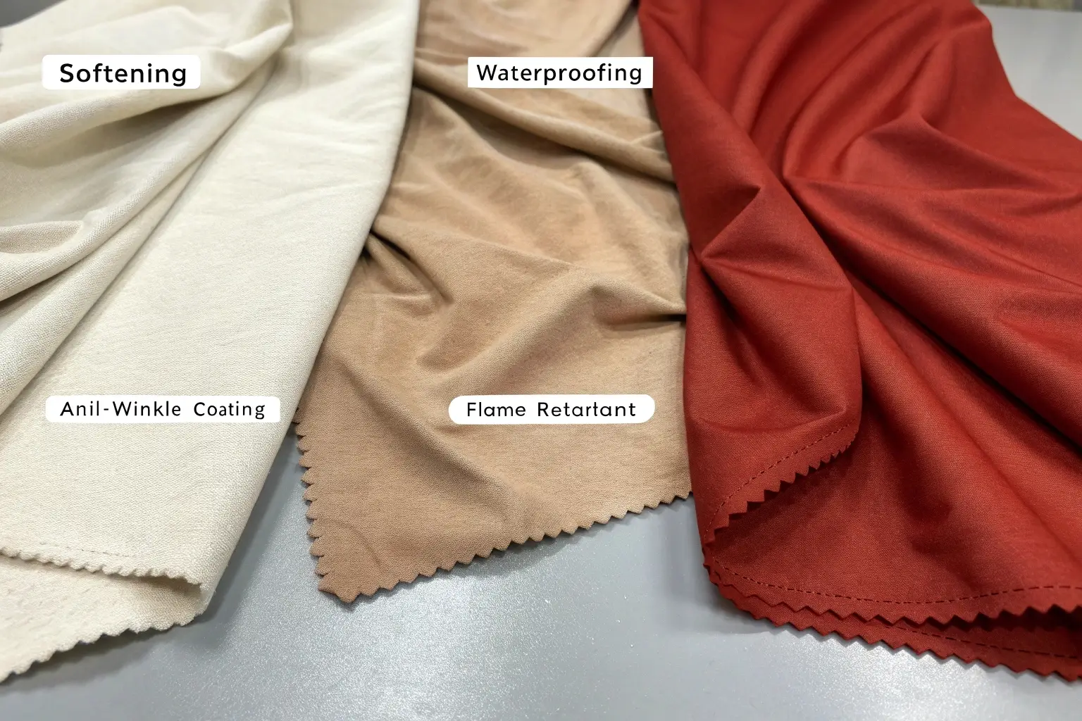 High-performance fabrics with softening, waterproofing, and flame-retardant treatments