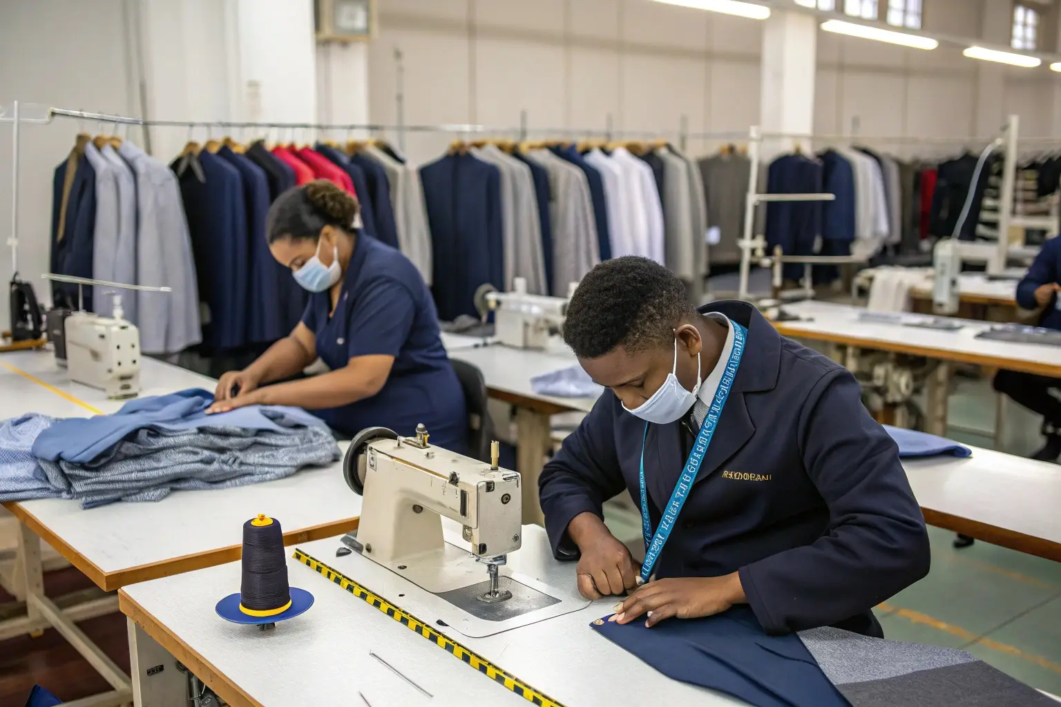 Tailors sewing and assembling high-quality suits in garment factory