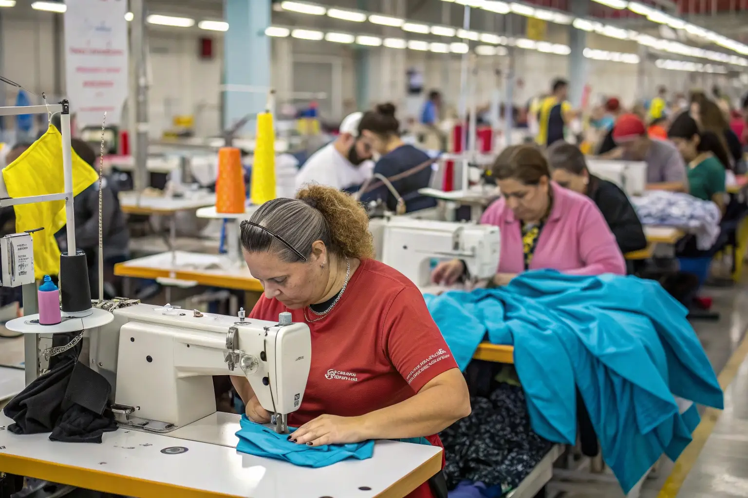Skilled garment workers sewing clothes in textile factory
