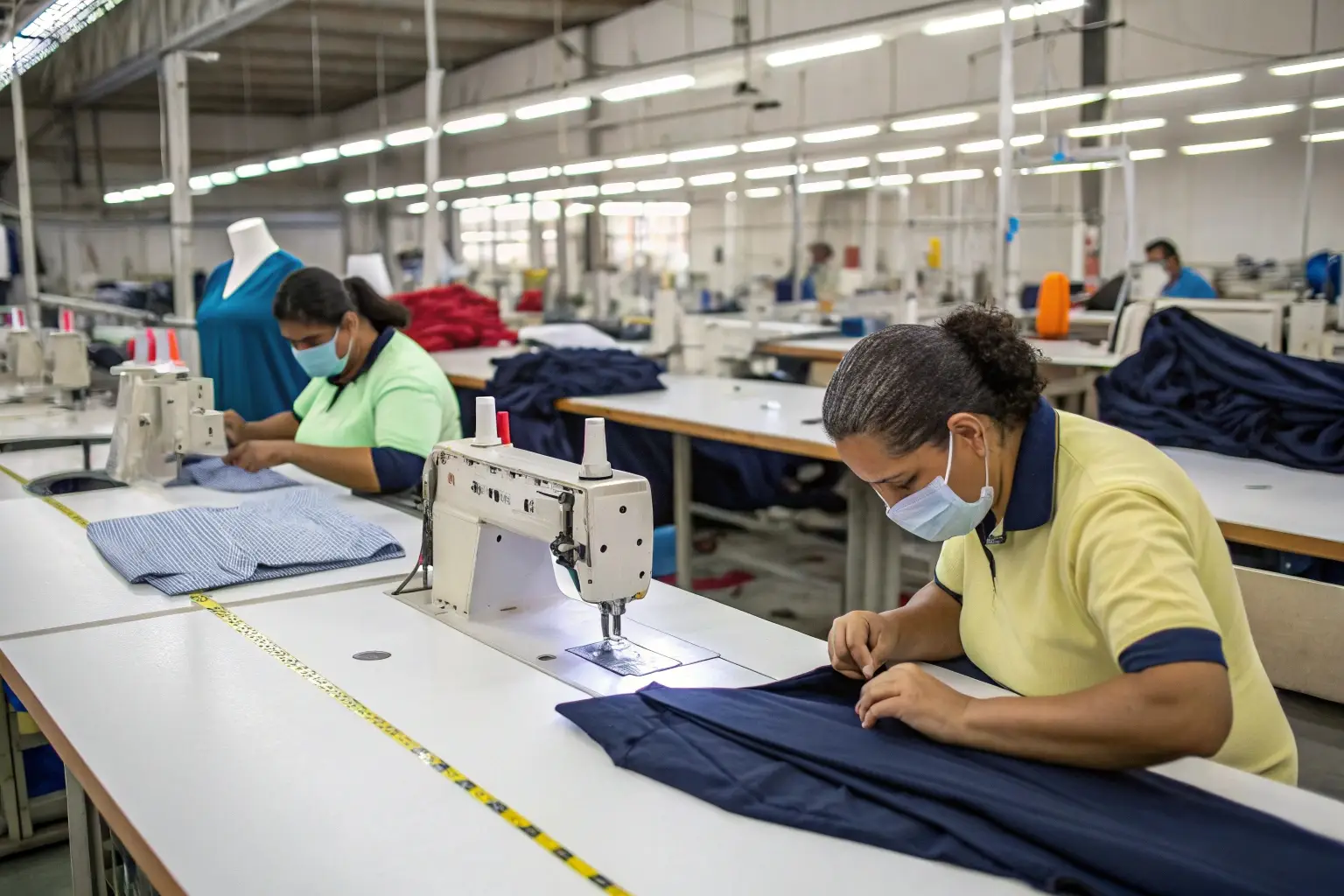 Workers stitching garments in large-scale clothing factory