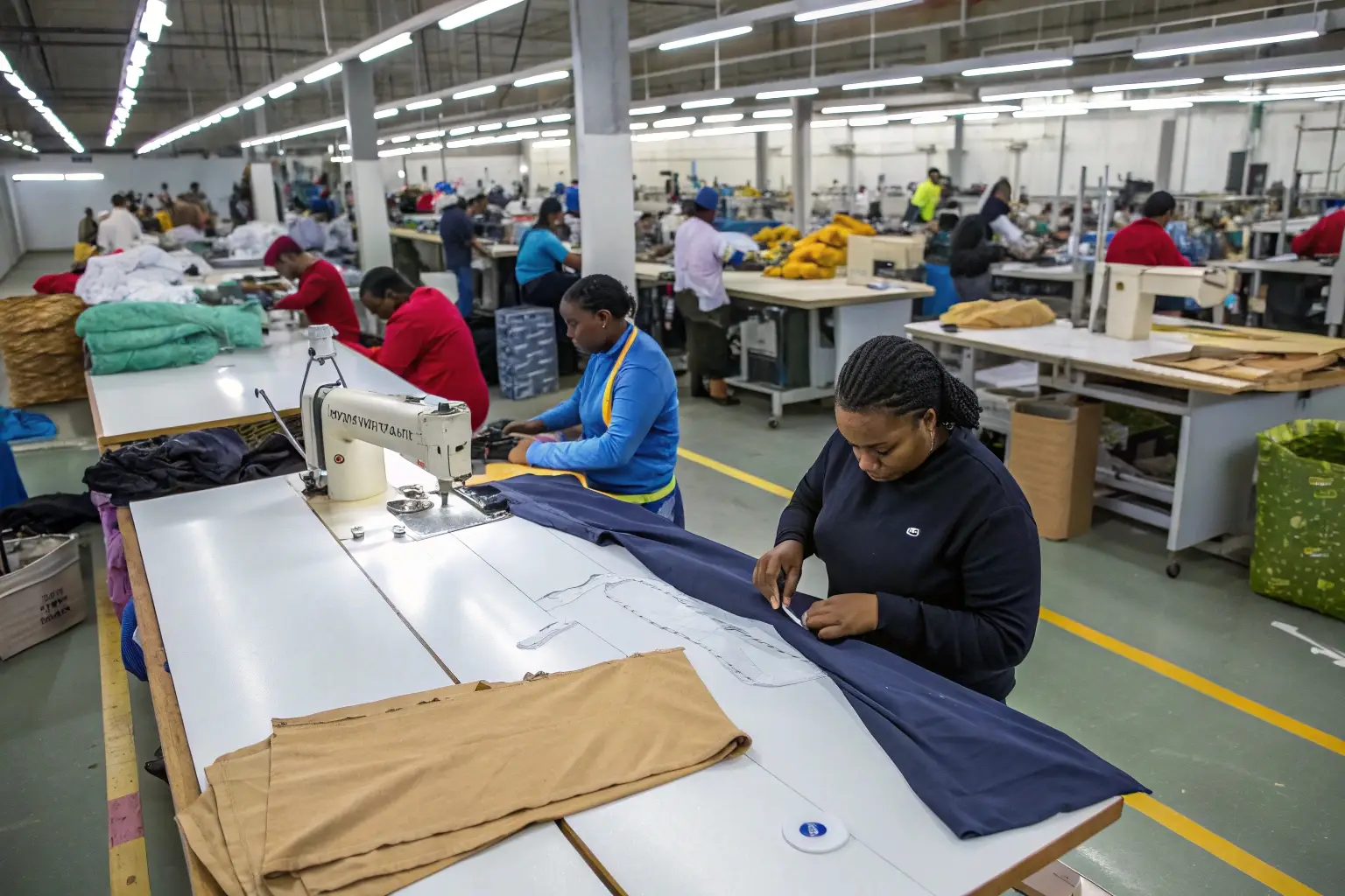 Workers sewing and assembling garments in clothing factory
