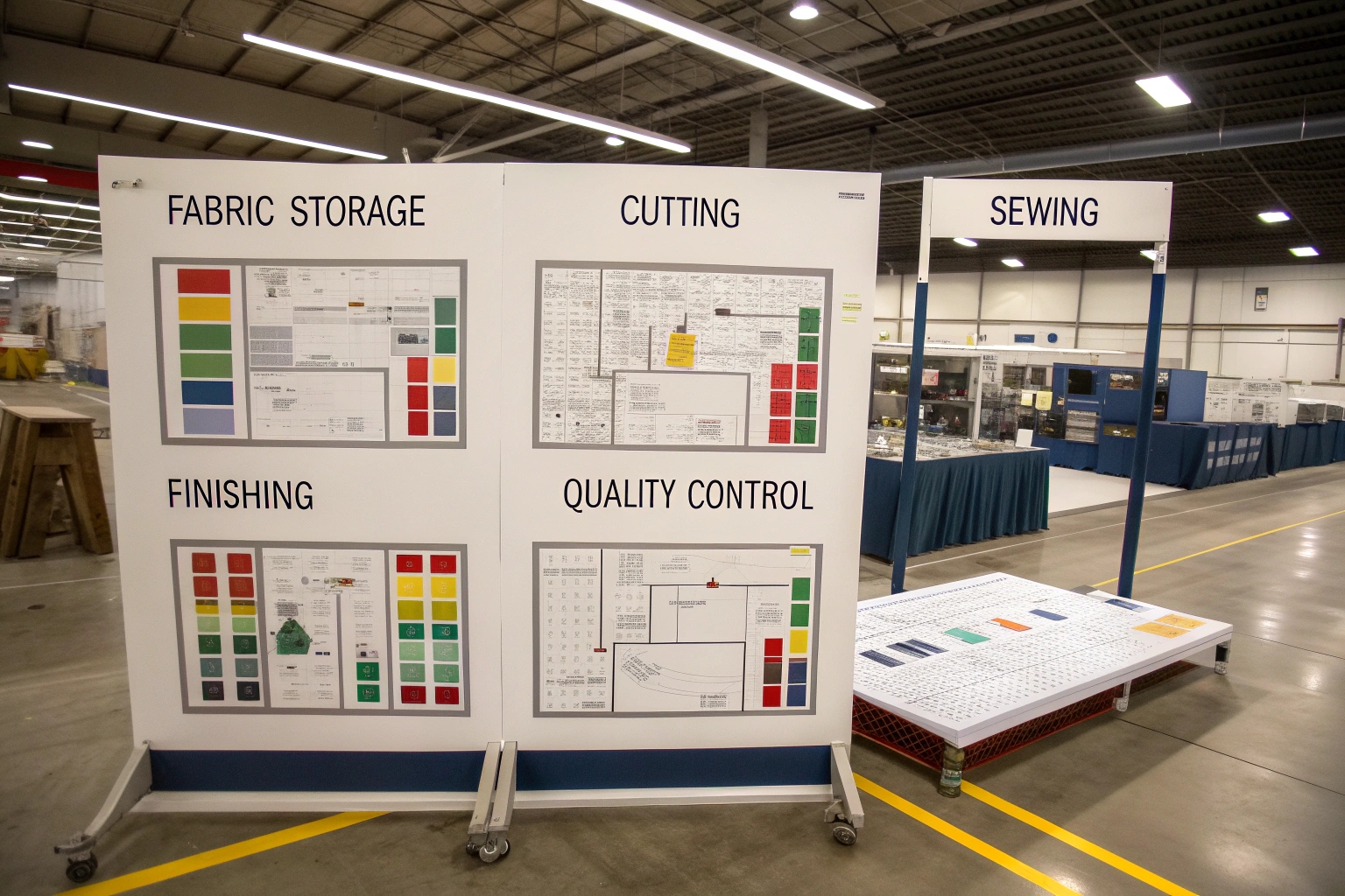 Garment production process board in factory, displaying fabric storage, cutting, sewing, finishing, and quality control.